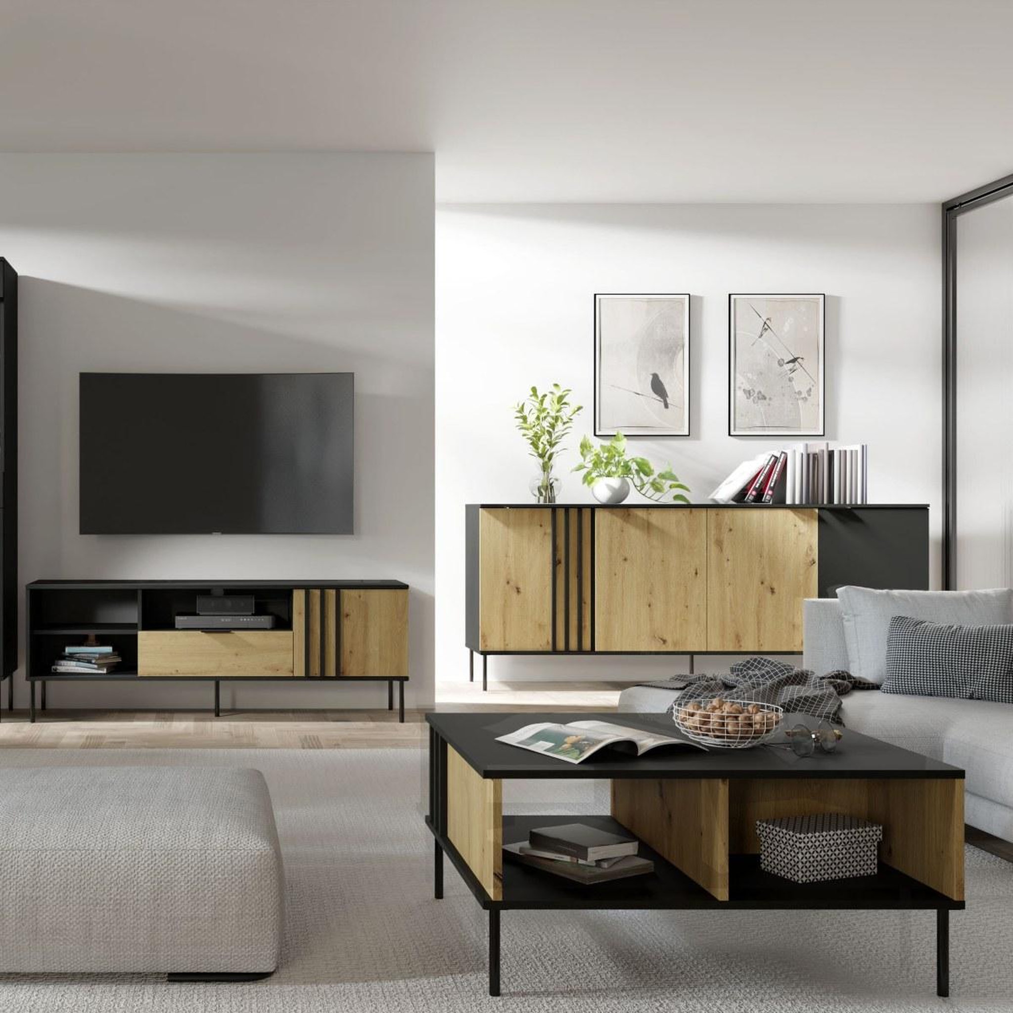 Voir la diapositive 4 : JLC KREATION Buffet bas moderne 4 portes noir et bois irina
