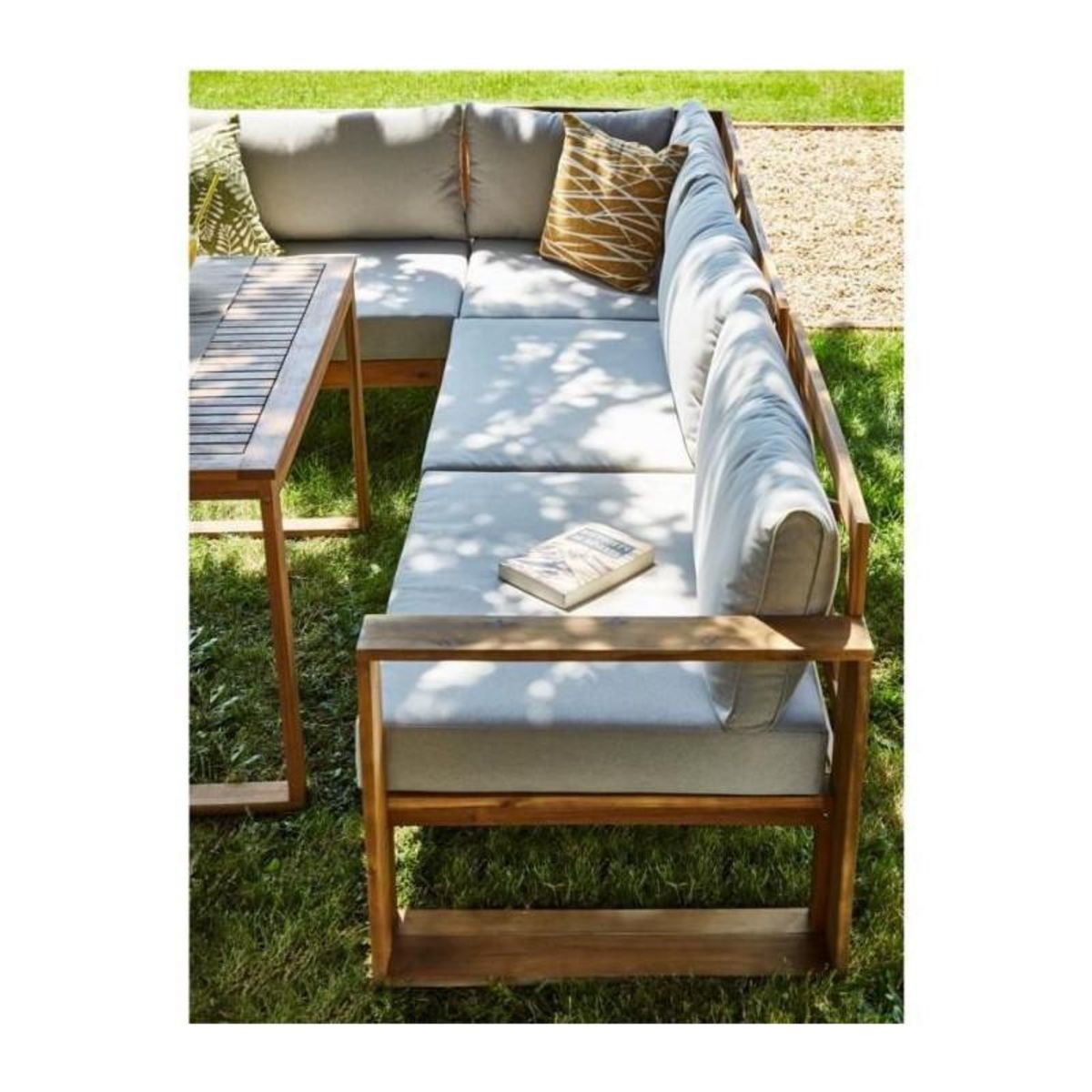 BOCARNEA Salon de jardin en bois dAcacia FSC avec coussins + housse de protection - 7 personnes - Levata - Gris