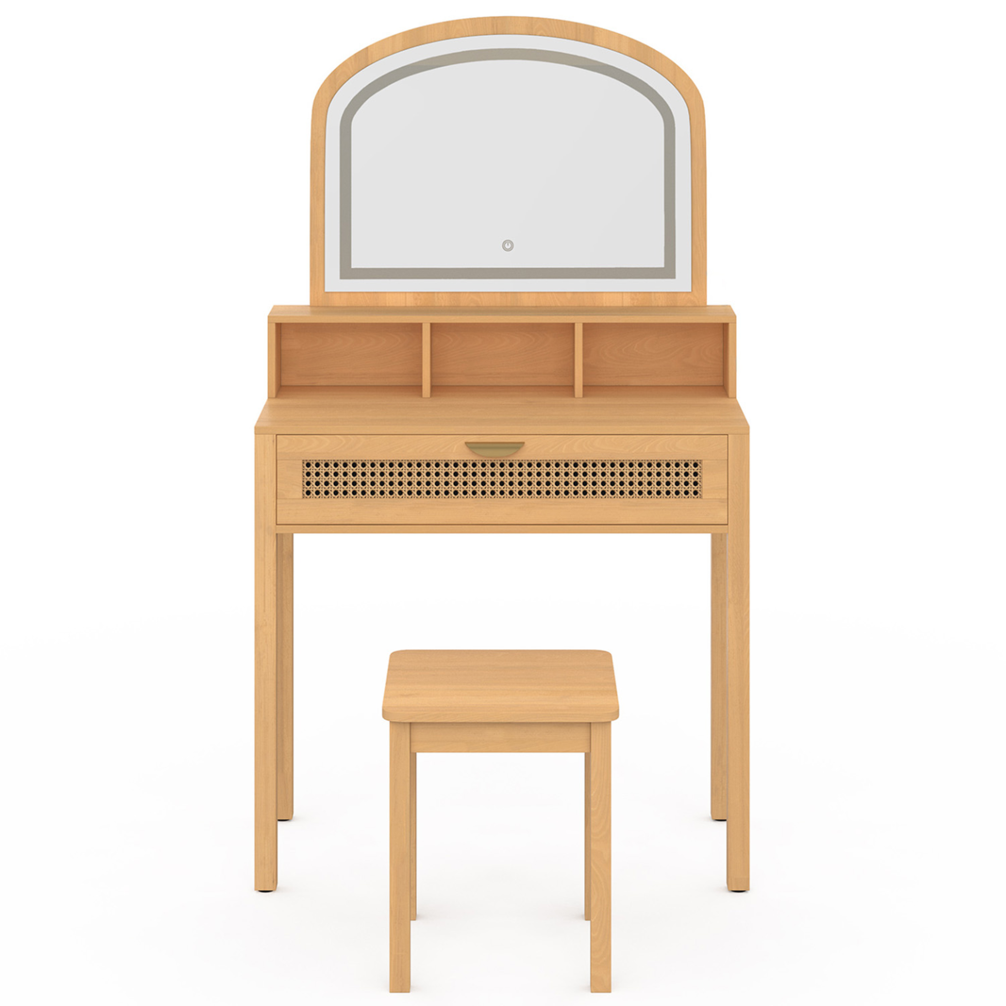 Voir la diapositive 3 : ID MARKET Coiffeuse edhen avec miroir led, 1 tiroir, 3 niches et tabouret effet cannage naturel et bois