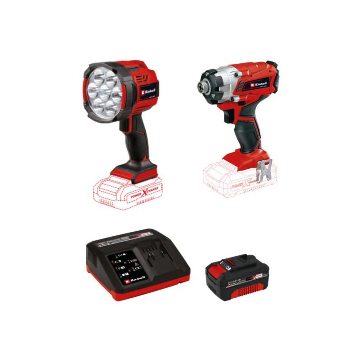 Einhell Pack EINHELL 18V Power X-Change - Visseuse clé à chocs à percussion TE-CI 18/1 Li-Solo - Lampe LED