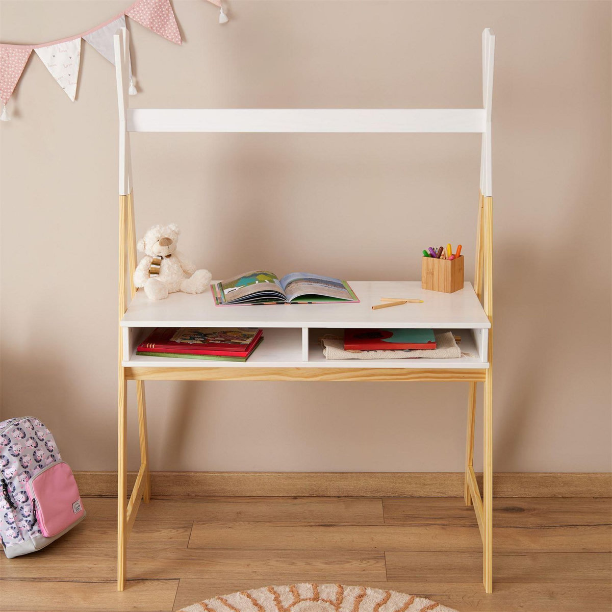 IDIMEX Bureau enfant SIMI en forme de tipi, avec 2 niches, en pin massif