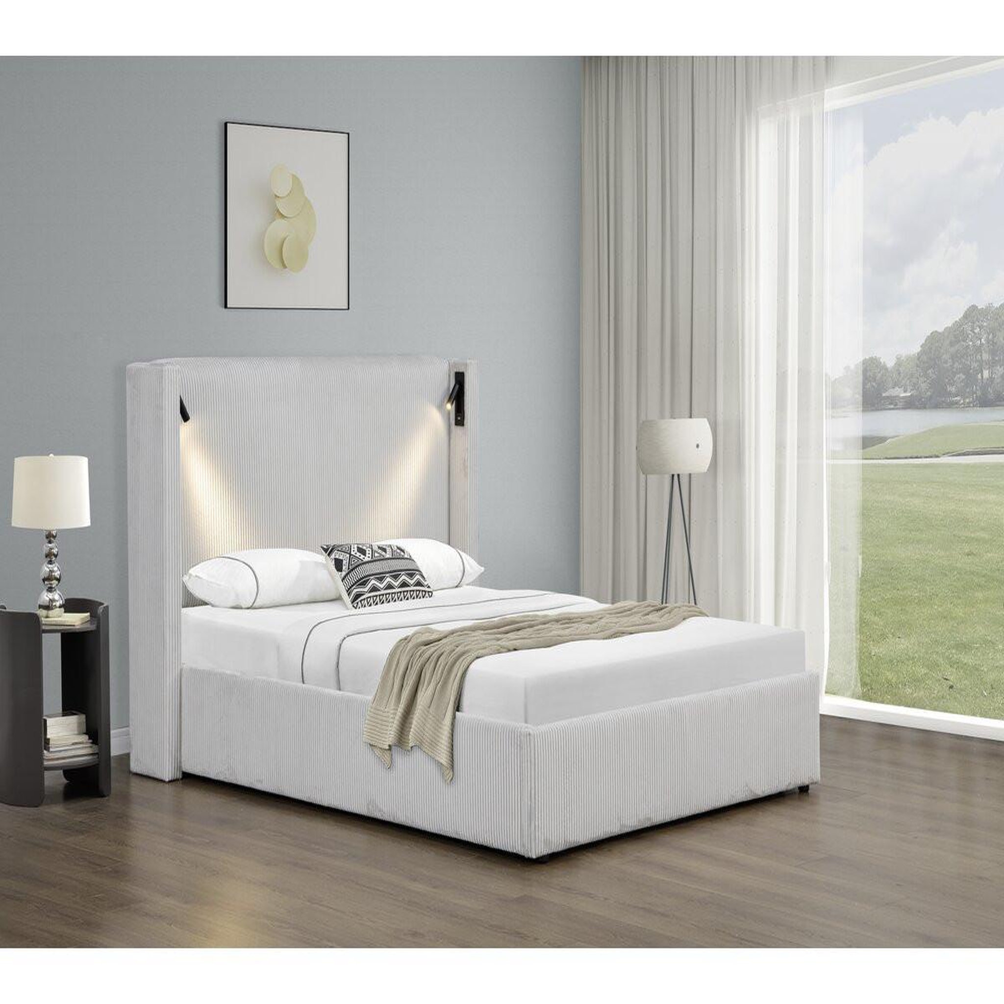 Voir la diapositive 2 : Habitat et Jardin Lit double en velours côtelé avec coffre et lampe intégré  cortina  - 160 x 200 cm - beige