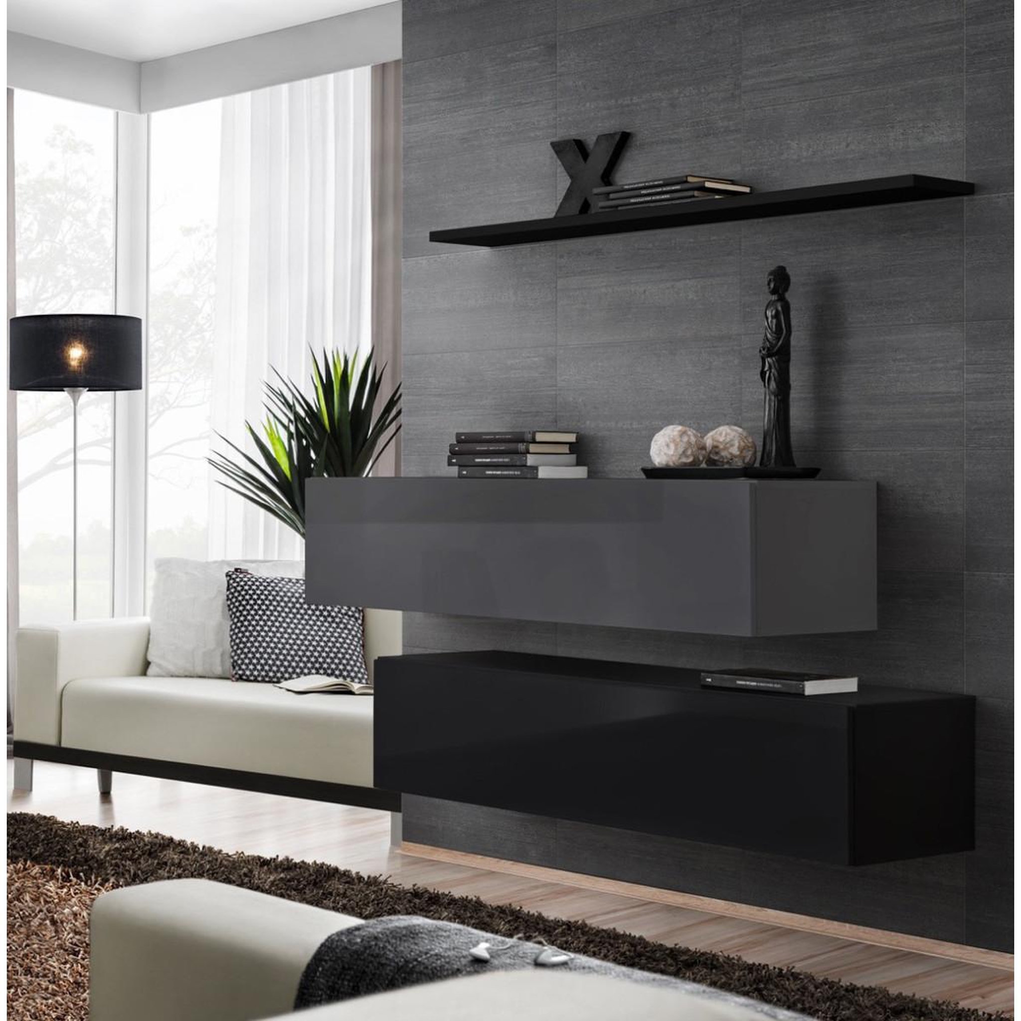 Voir la diapositive 1 : Paris Prix Lot de 2 bancs muraux & étagère  switch sbii  130cm noir & gris