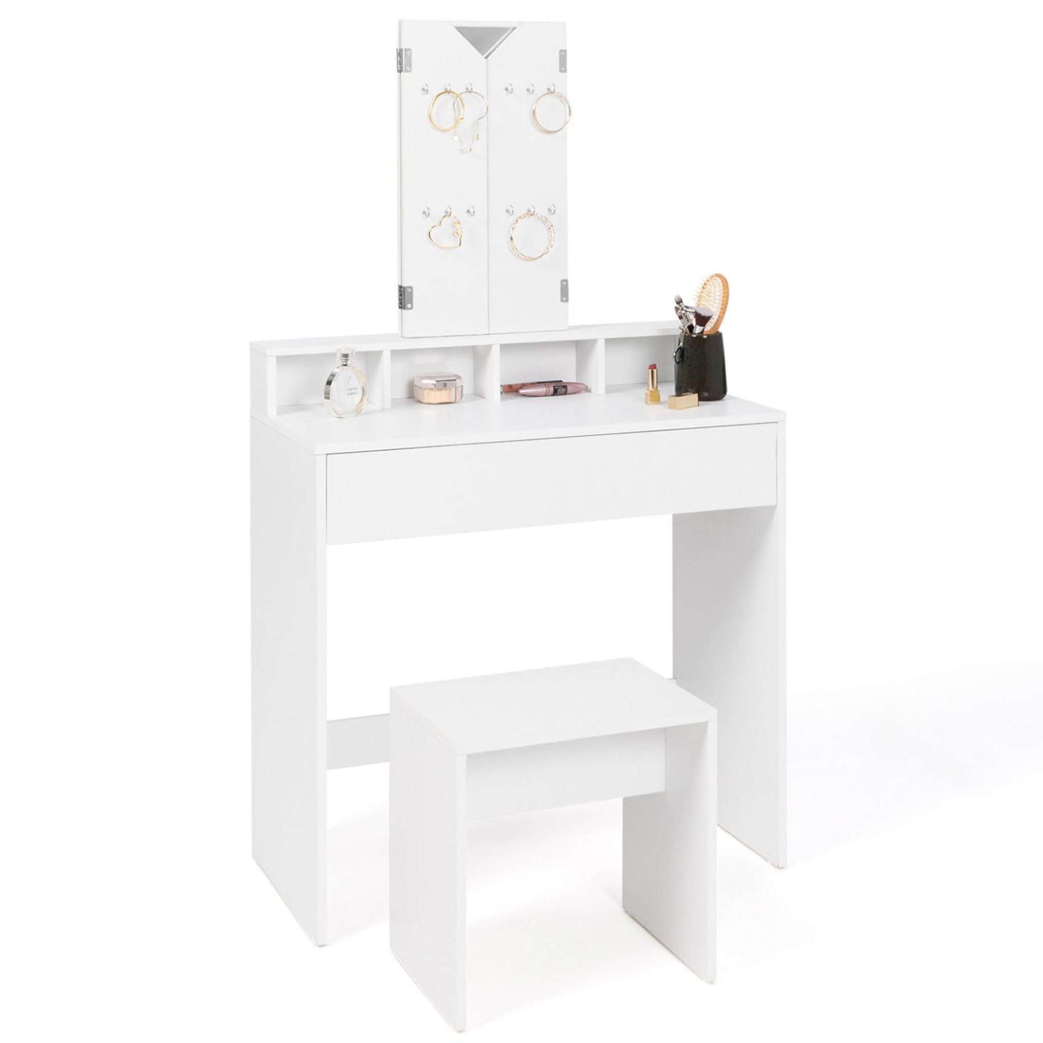 Voir la diapositive 5 : ID MARKET Coiffeuse zelia 3 miroirs avec 4 niches, 1 tiroir et tabouret