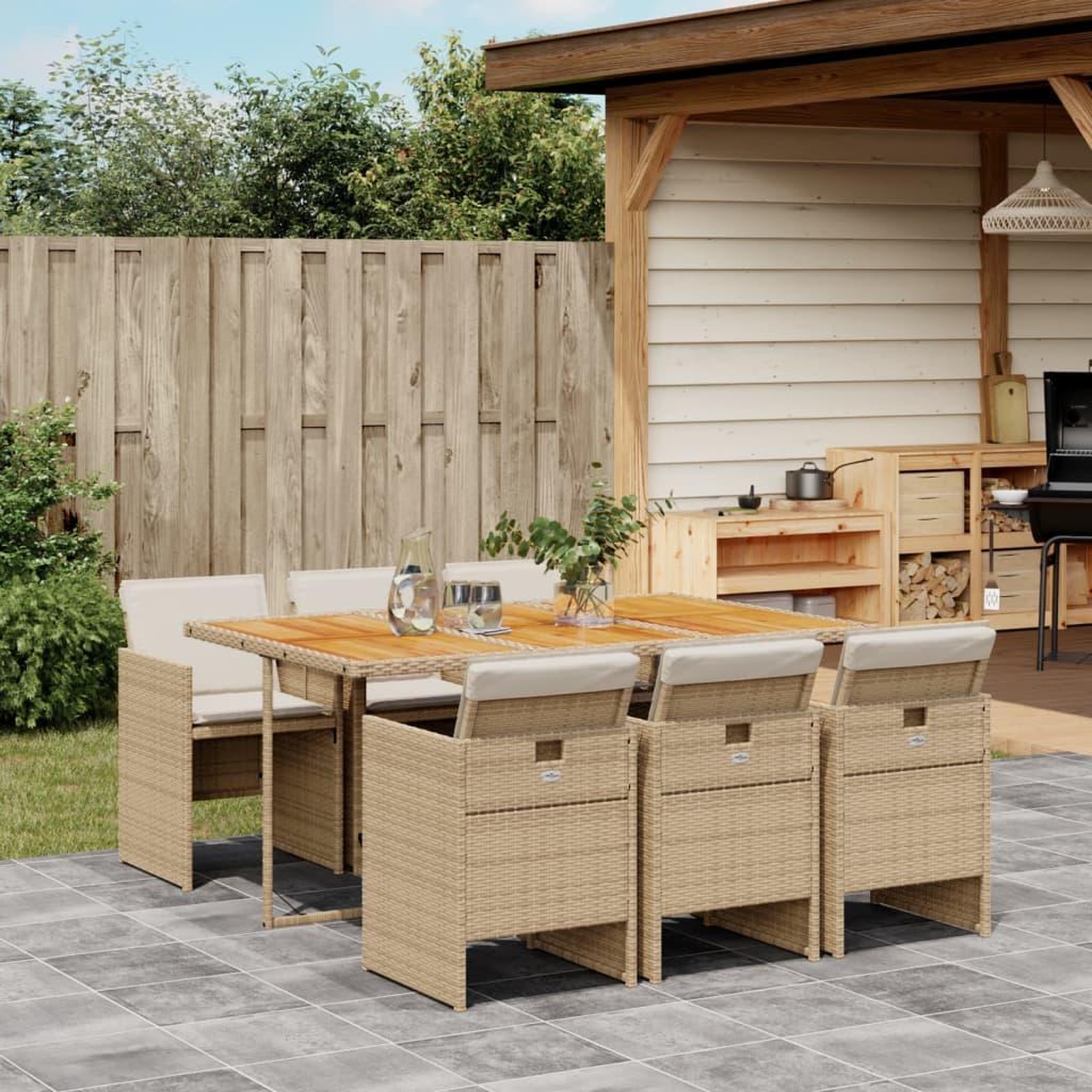 VIDAXL Ensemble a manger de jardin et coussins 7 pcs beige poly rotin