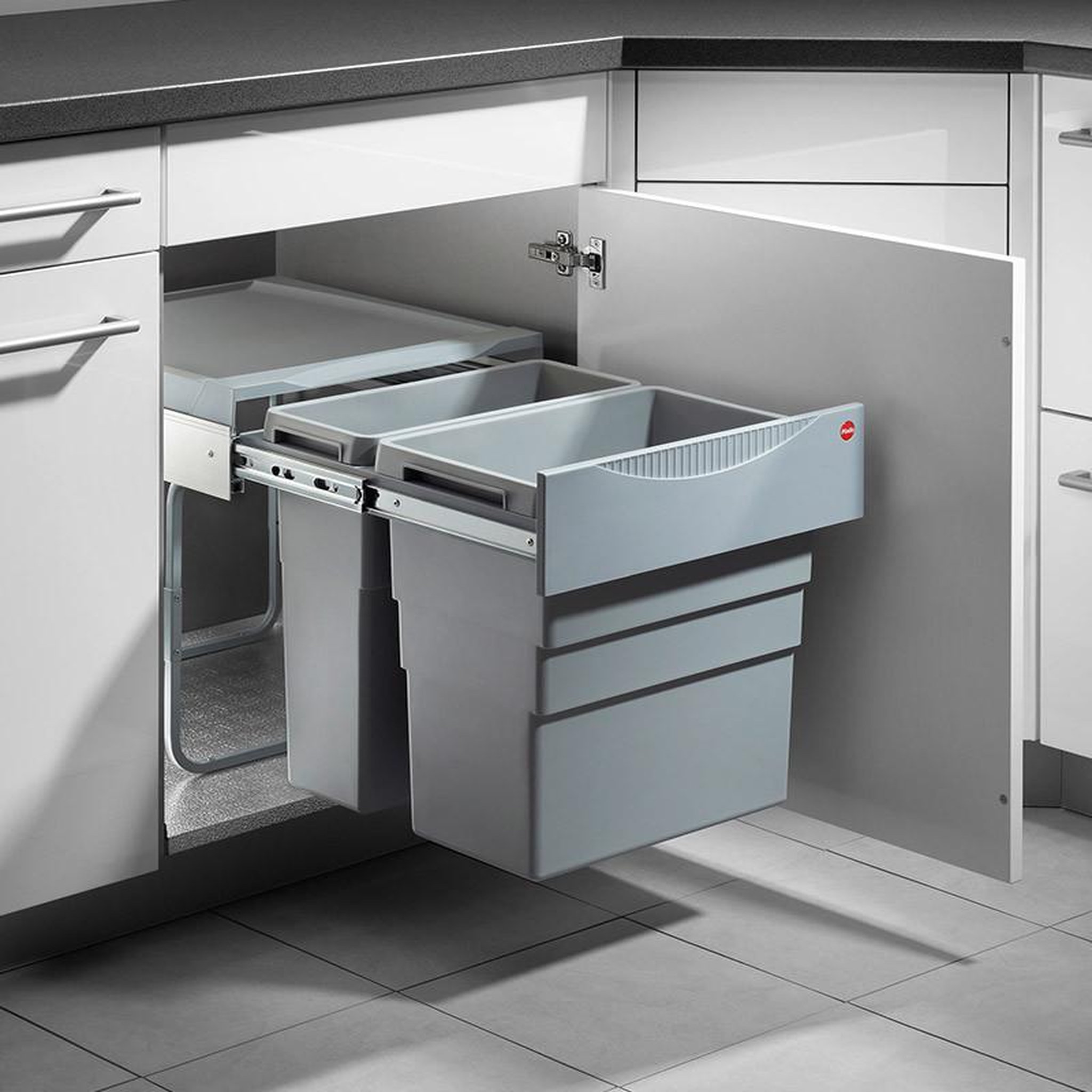 Voir la diapositive 2 : HAILO Poubelle de cuisine tri sélectif 2 bacs encastrable 50l (30+19) hailo easy cargo