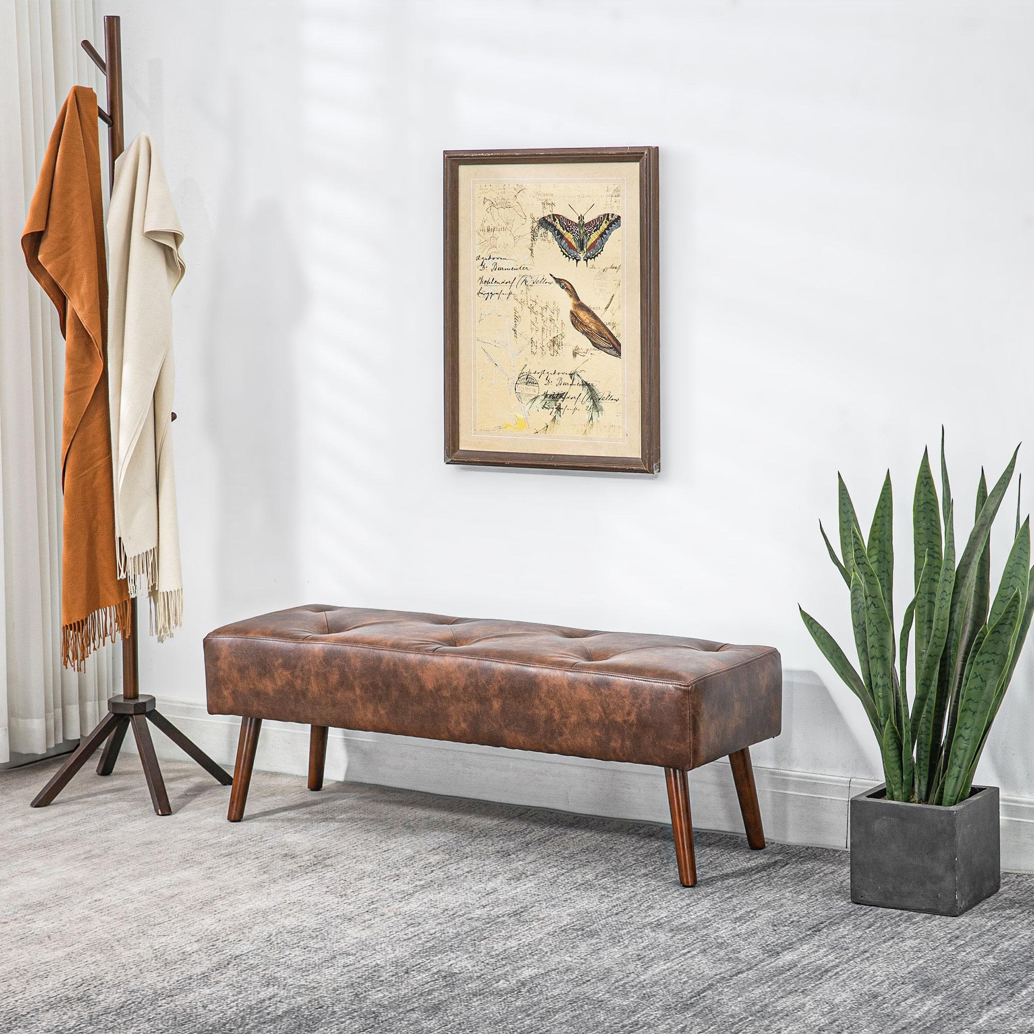 Voir la diapositive 2 : HOMCOM Banc banquette capitonnée style classique chic bois hévéa revêtement synthétique marron effet vieilli