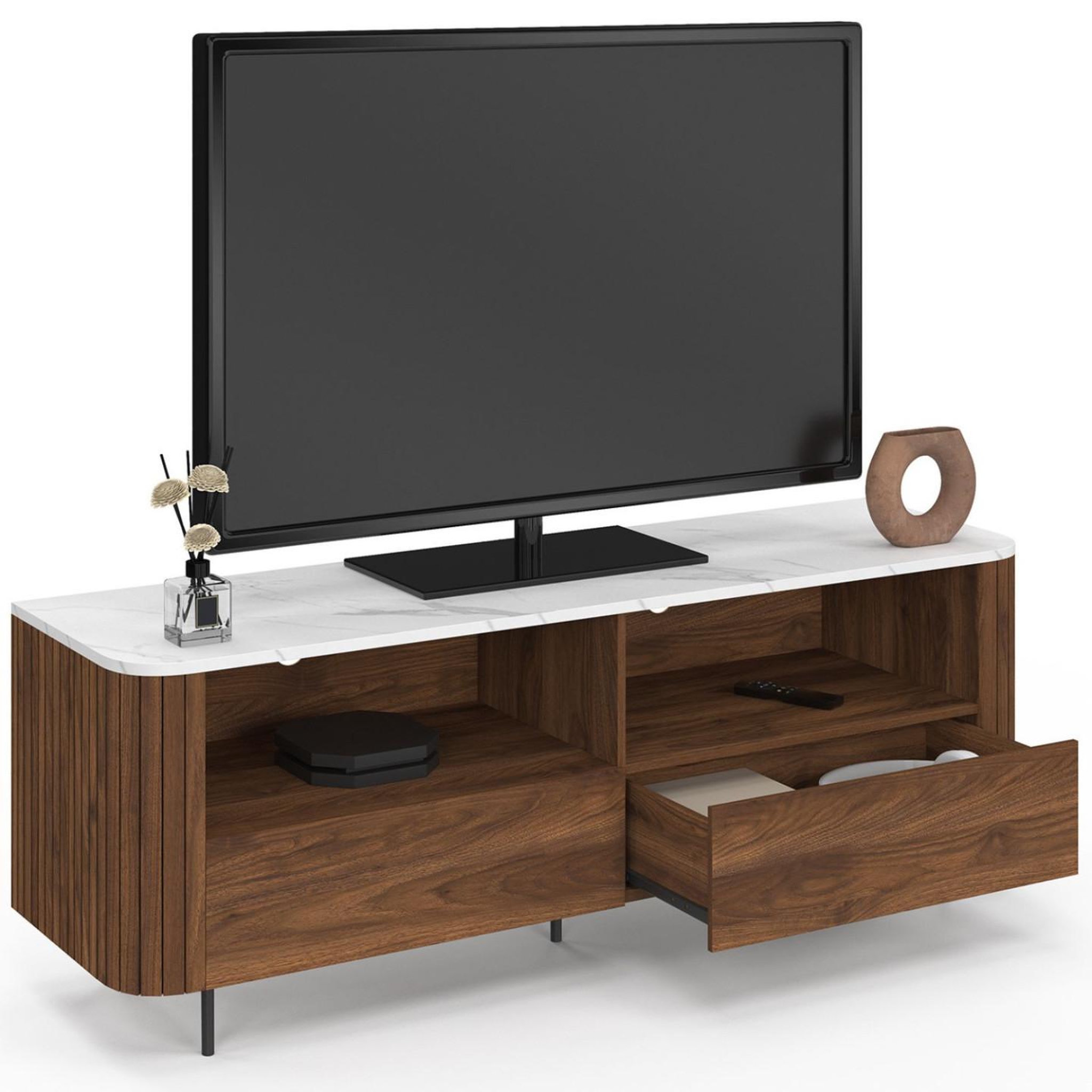 Voir la diapositive 4 : ID MARKET Meuble tv 140 cm marla noyer effet lattes 2 tiroirs et plateau marbre blanc alaska