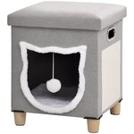 PAWHUT Niche chat grattoir pouf 3 en 1 design porte tête de chat - coussin bouclette amovible inclus - tissu gris