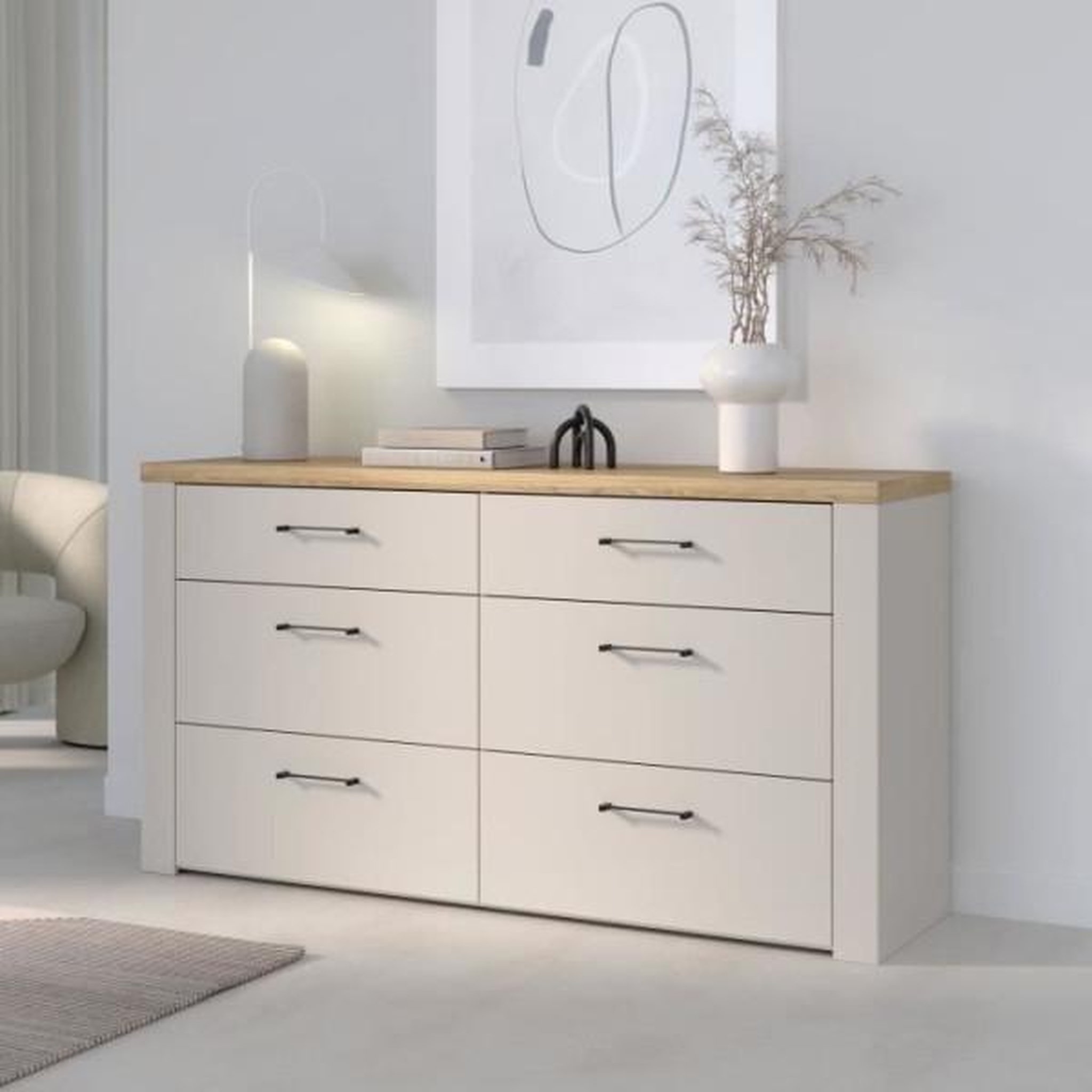 Voir la diapositive 2 : MARKET24 Commode - NELLEKE - 6 tiroirs - Sable / Bois - L156,3 x P41,3 x H83,1 cm