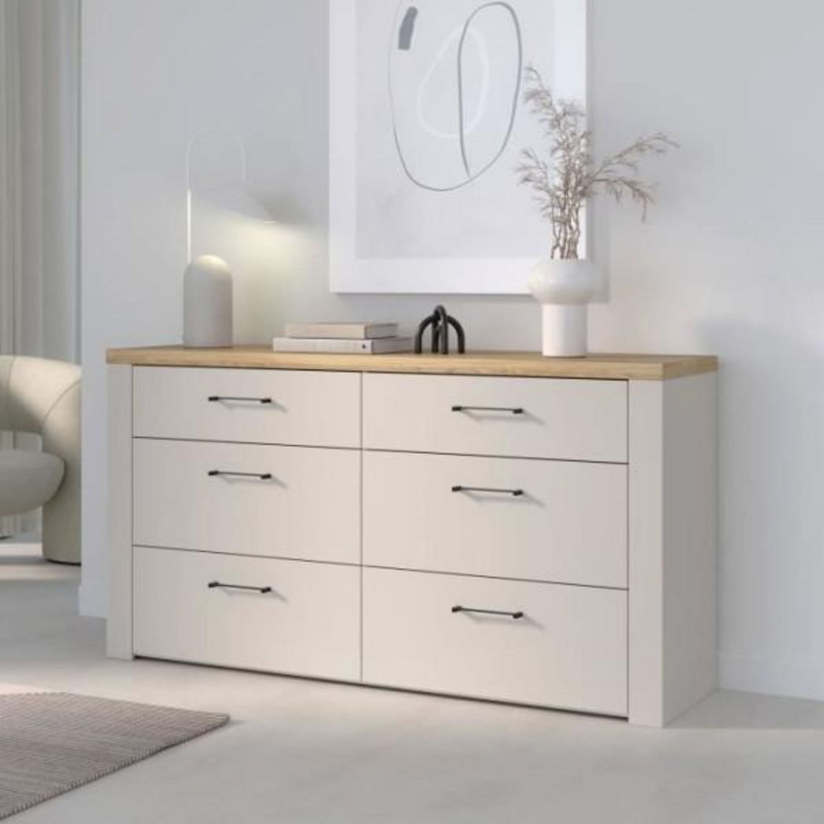 MARKET24 Commode - NELLEKE - 6 tiroirs - Sable / Bois - L156,3 x P41,3 x H83,1 cm