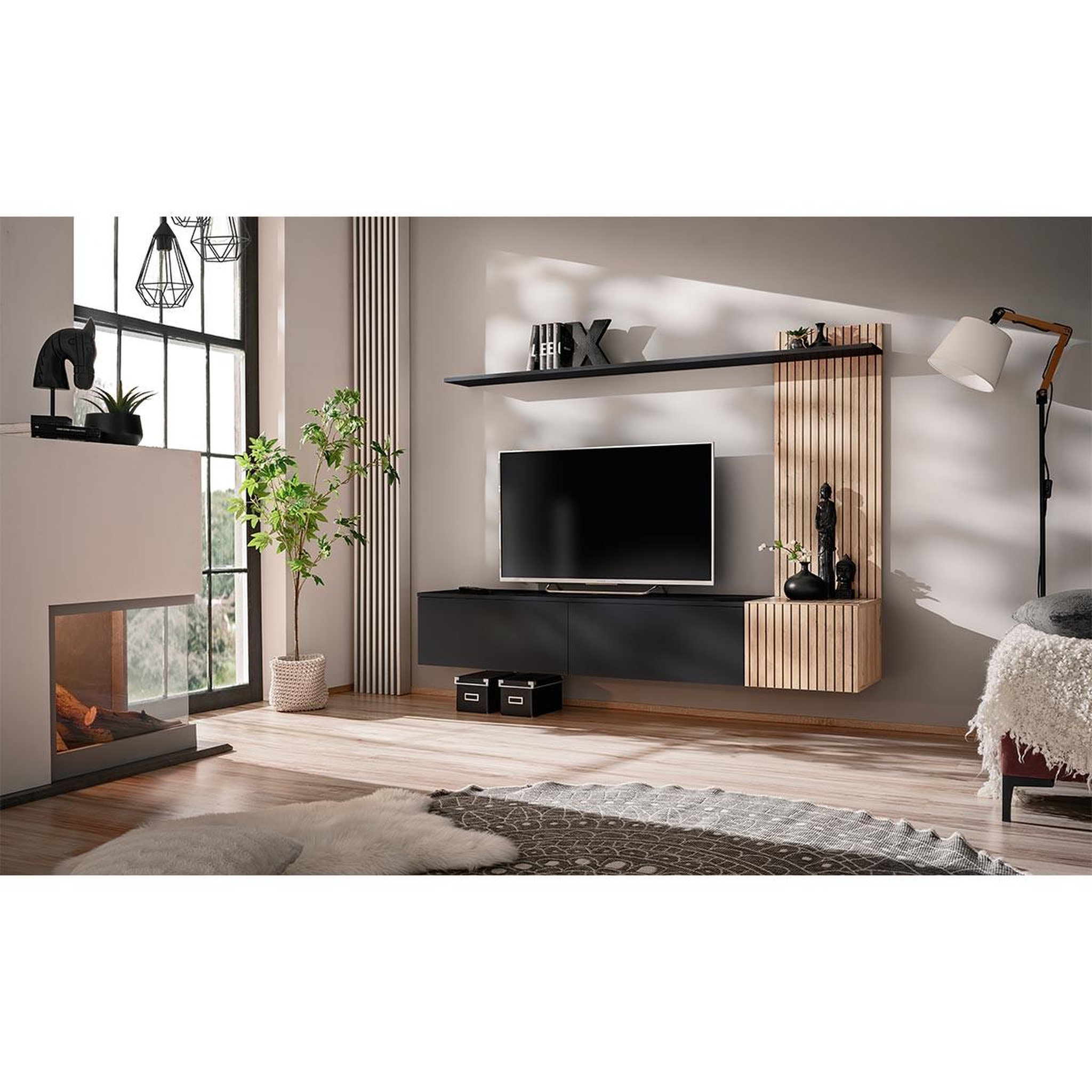 Voir la diapositive 2 : Paris Prix Ensemble meuble tv à rayures  solo  180cm noir & naturel