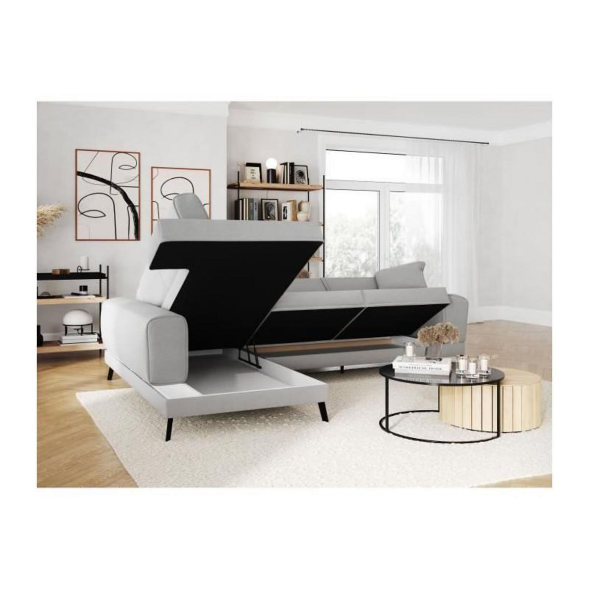 LOUNGITUDE Canapé d'angle gauche convertible IMPERIAL 5 places - Tissu gris clair - 2 coffres de rangement - L304 x P212 x H86 cm