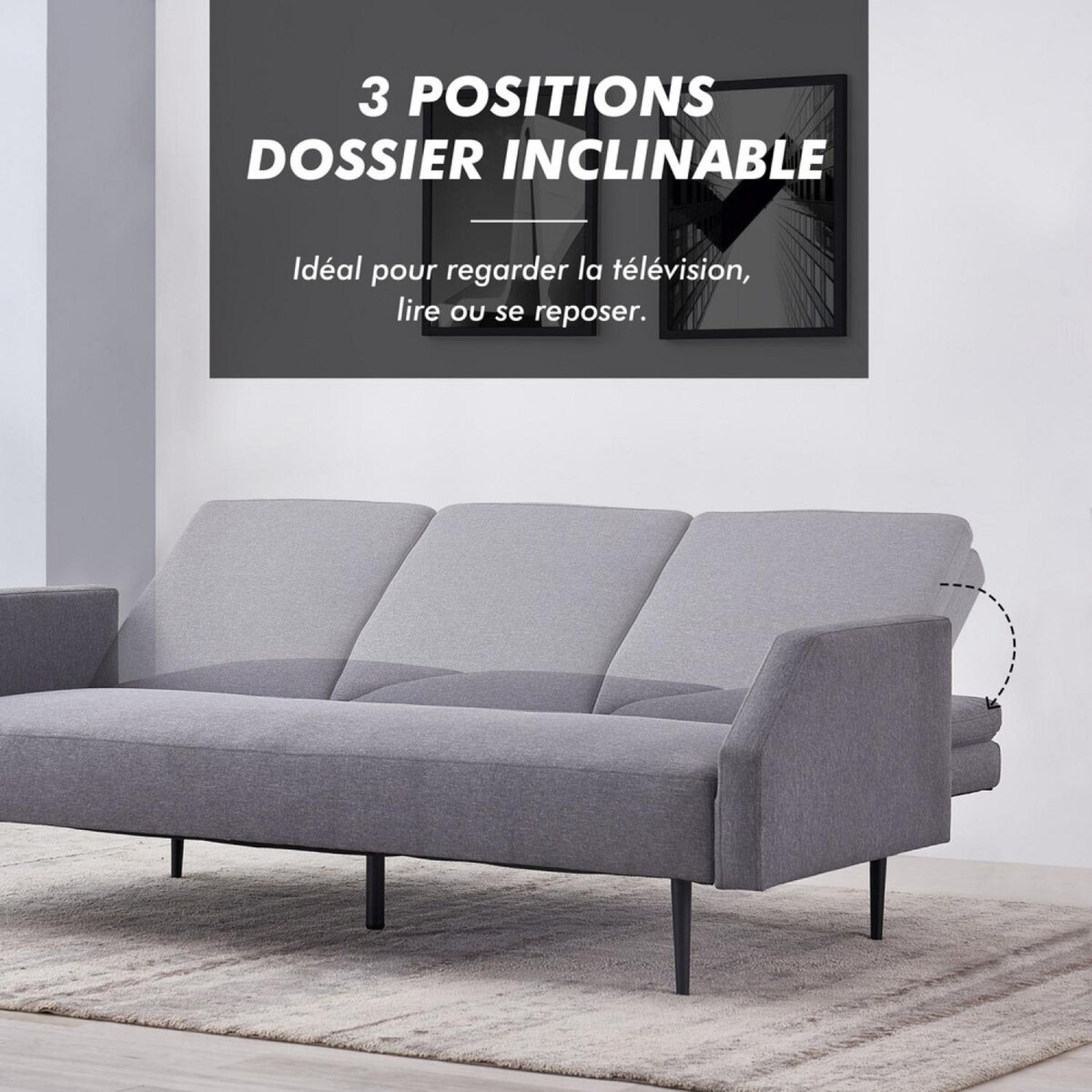 CONCEPT USINE Canapé convertible 3 places tissu gris DUBLIN