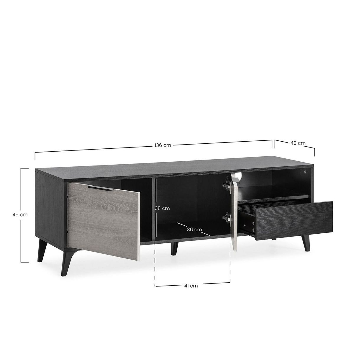 VS VENTA-STOCK Meuble TV Kalma 2 portes 1 tiroir noir/chêne, longueur 136 cm