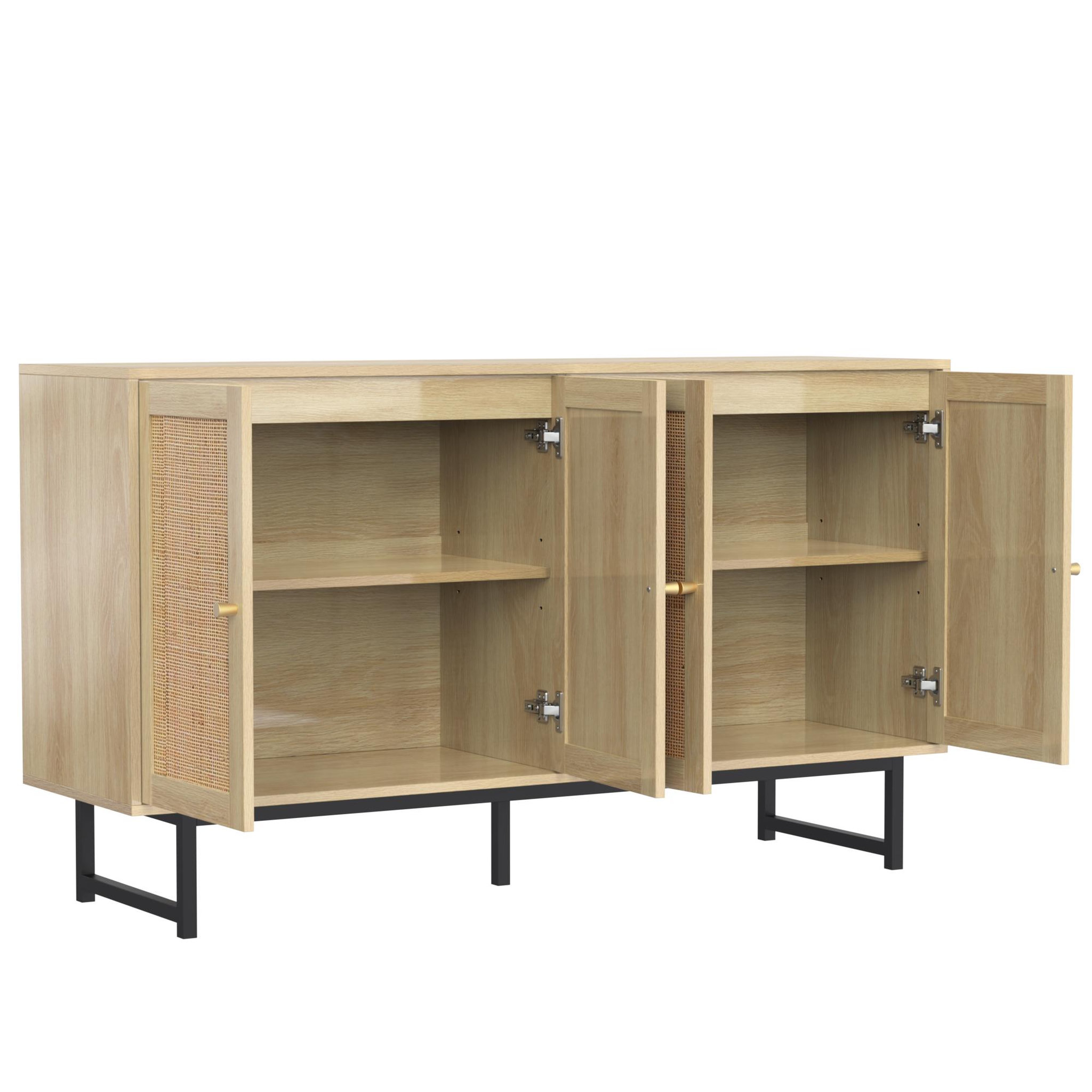 Voir la diapositive 4 : MERAX Buffet en panneaux de particules avec 4 portes en rotin,140x39,5x80cm,bois clair