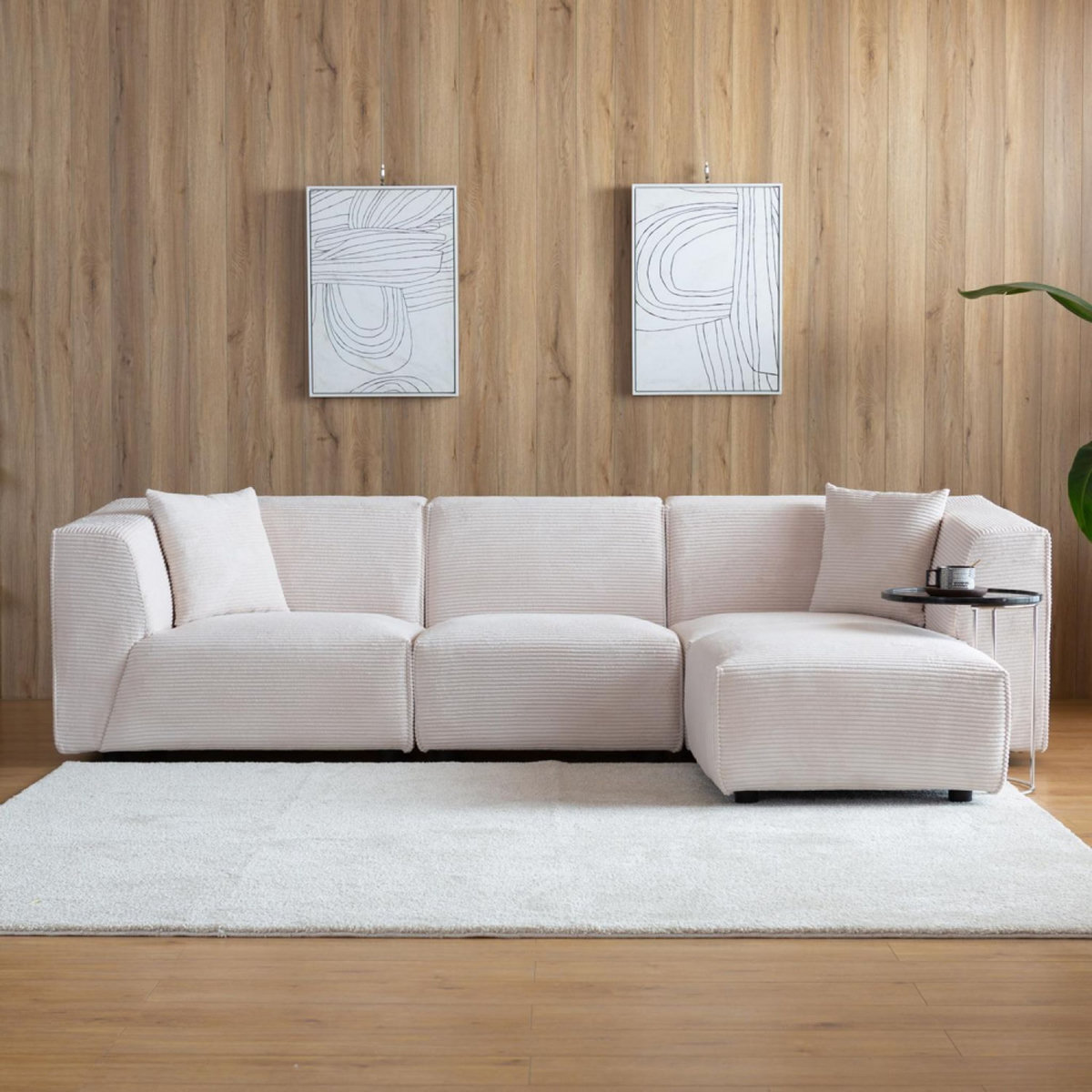 CONCEPT USINE Canapé modulable 3 places + 1 pouf velours côtelé beige MONROE