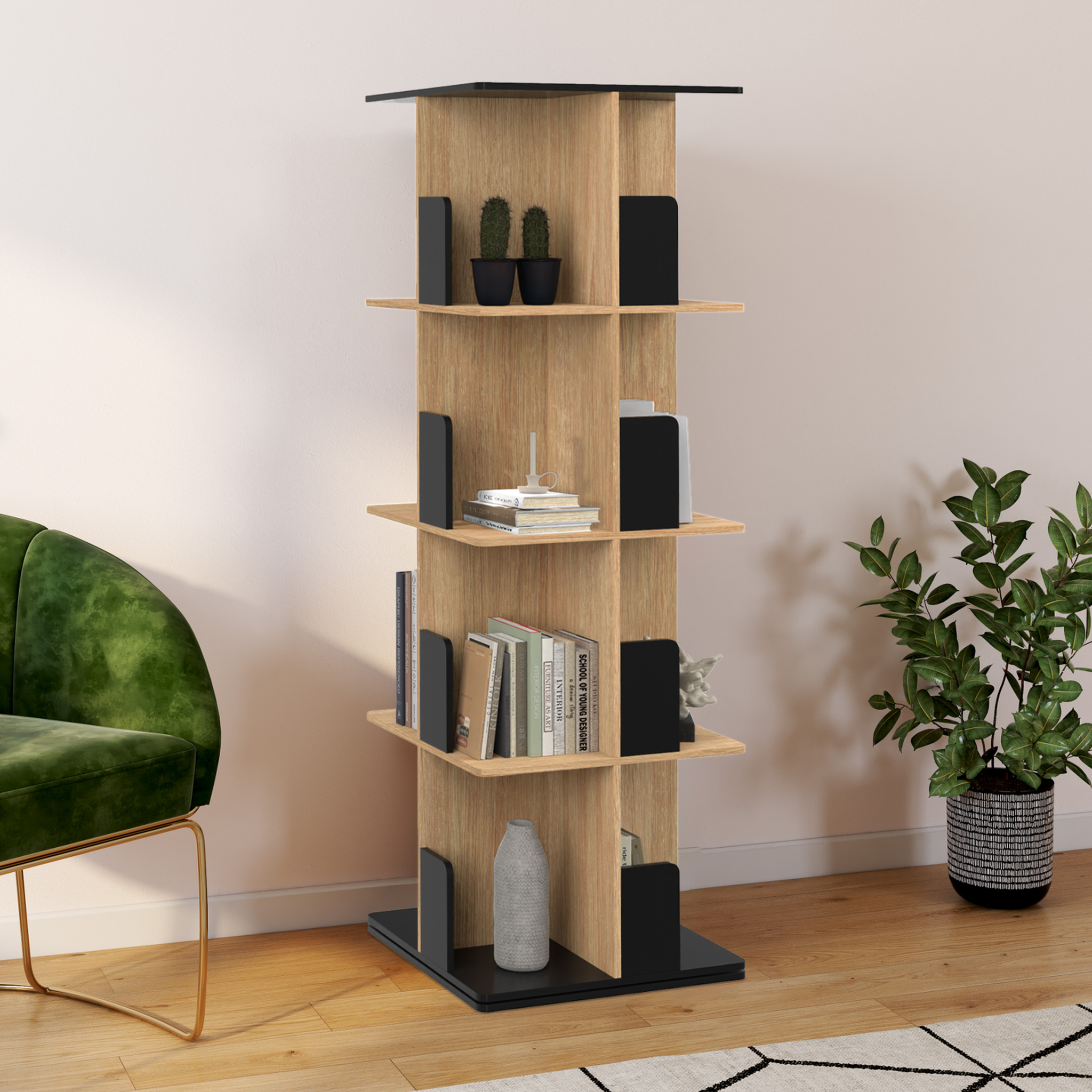 Voir la diapositive 2 : ID MARKET Etagère bibliothèque rotative 4 niveaux RAPHA noir et effet bois