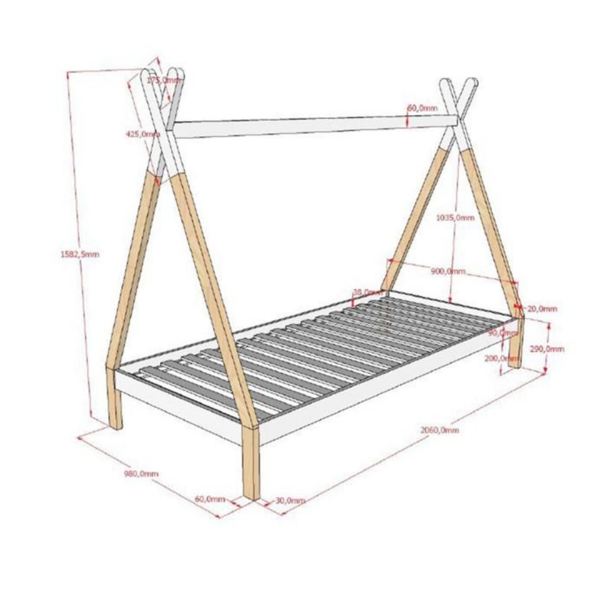 Paris Prix Pack - Lit Enfant, Tiroir & Voile  Tipi  90x200cm Blanc