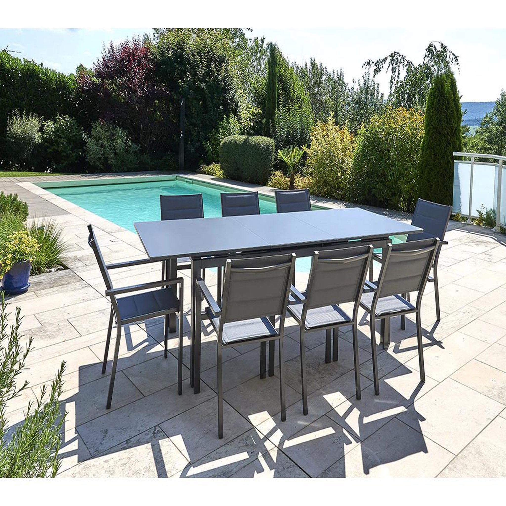 Jardiline Table de jardin rectangulaire extensible en aluminium Ibiza Anthracite 8/10 places - Jardiline