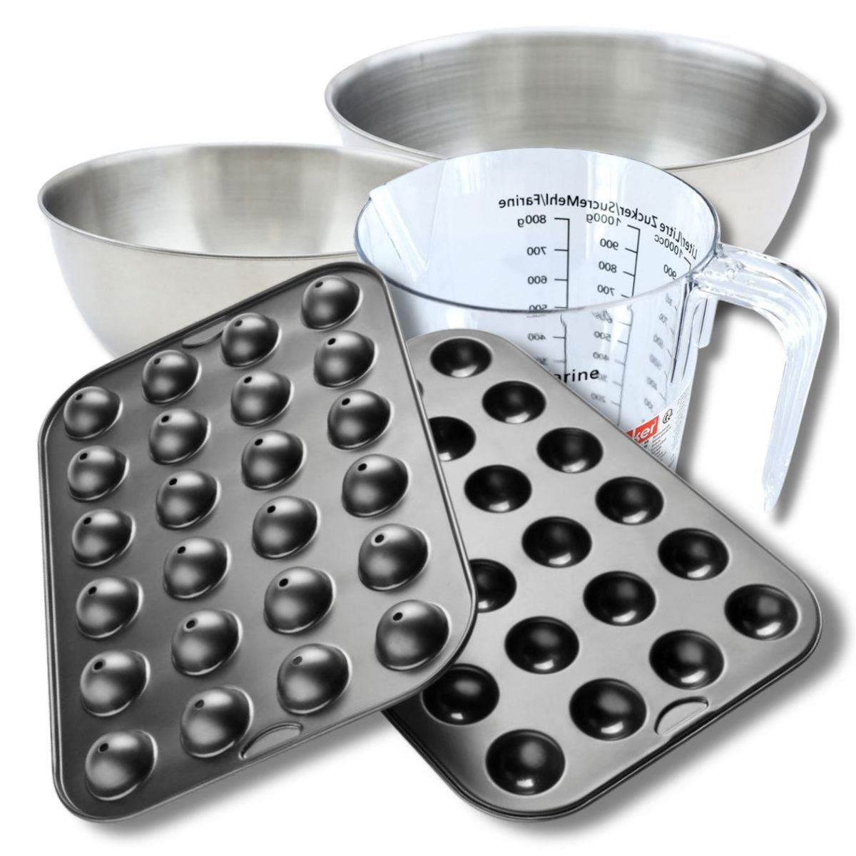 ZENKER Set pâtisserie avec moule à 24 pop cakes 38,5 x 26,5 cm en acier, 2 bols à mixer, verre mesureur et spatule Zenker