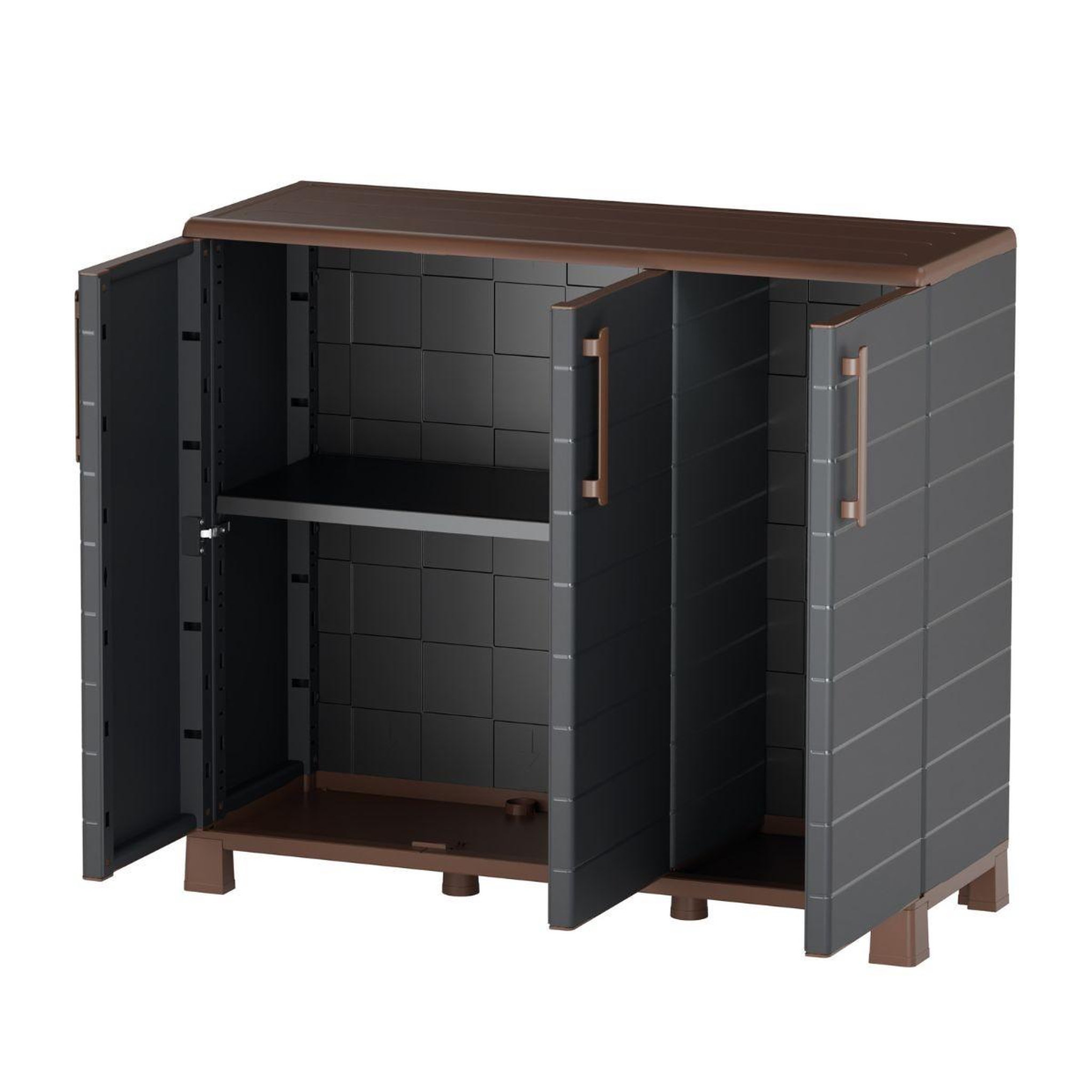 Voir la diapositive 2 : ART PLAST Armoire basse de rangement 3 portes 1 étagère 20kg max intérieur extérieur - meuble de rangement anthracite art plast
