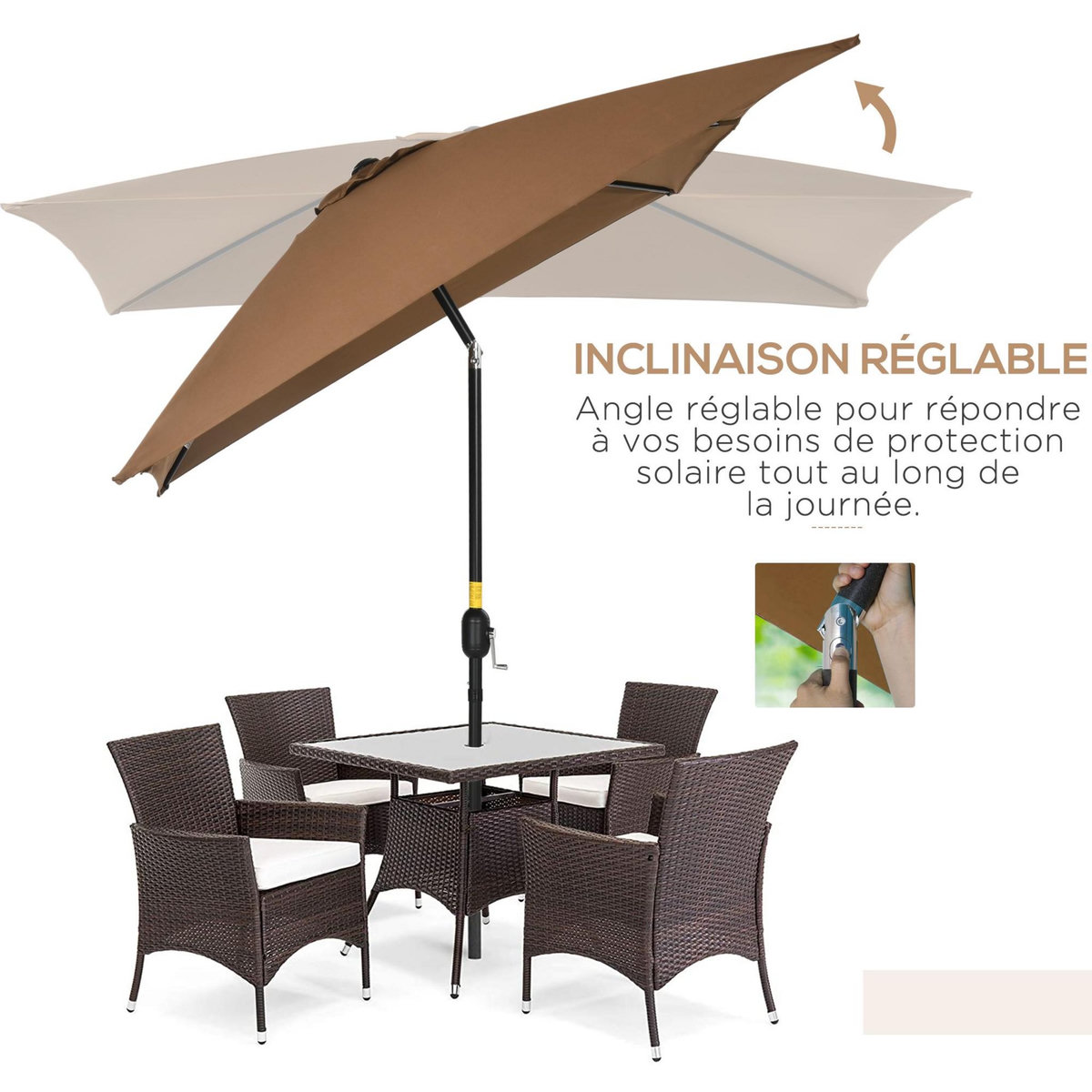 OUTSUNNY Parasol inclinable rectangulaire métal polyester haute densité 2,95L x 1,95l x 2,4H m chocolat