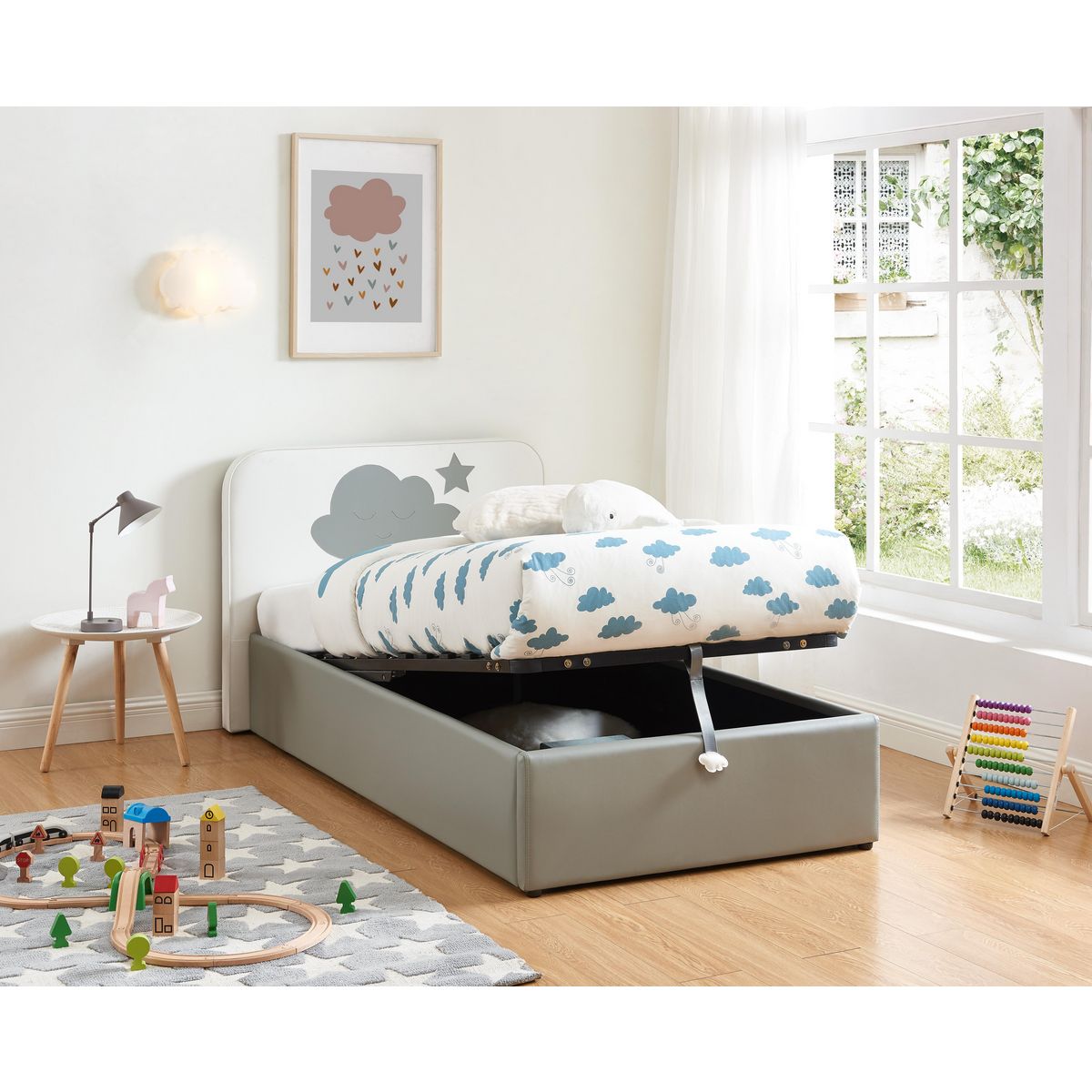 Ensemble Lit coffre à led 90x190cm avec sommier et tête de lit NUAGE + matelas 90x190 cm ANNA