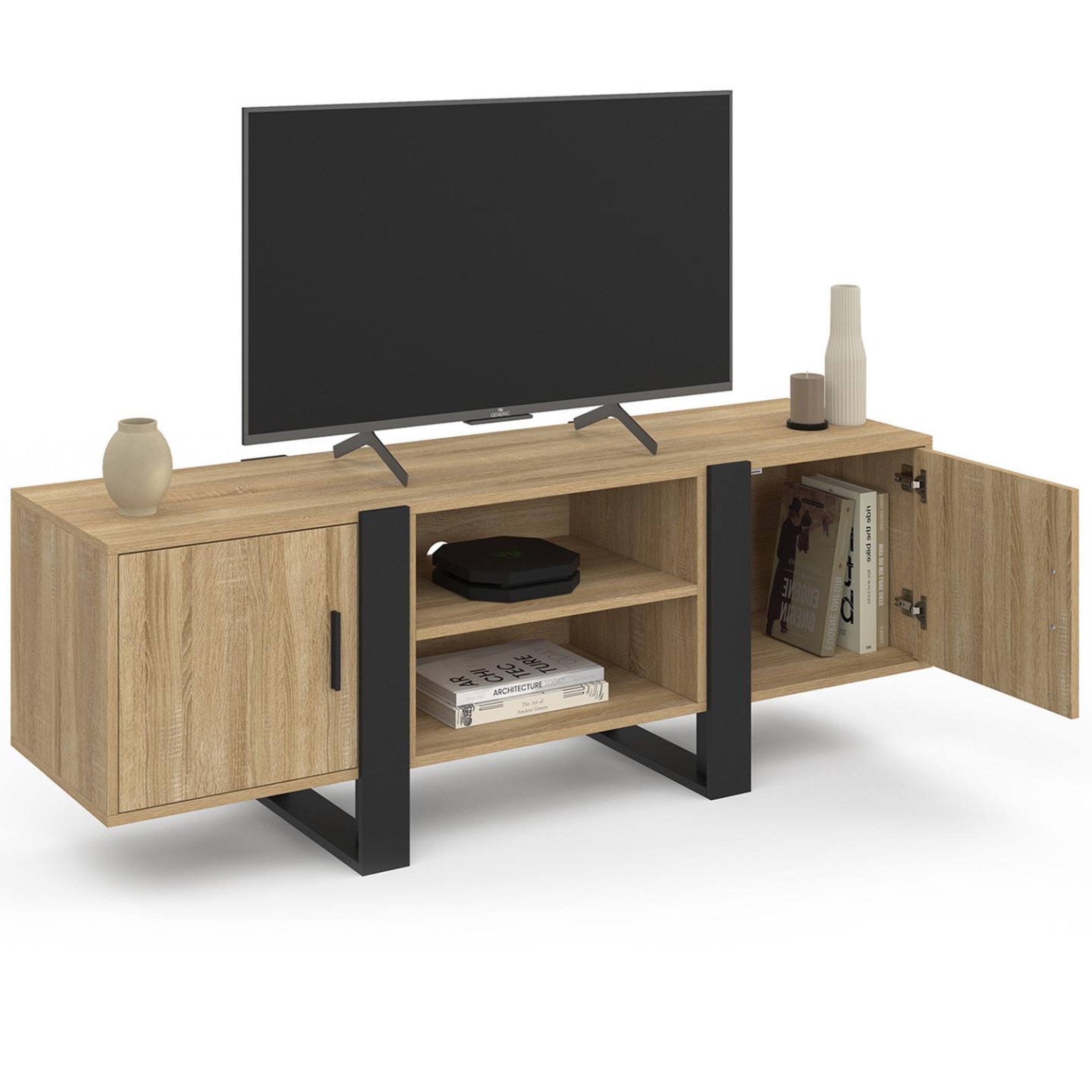 Voir la diapositive 4 : ID MARKET Meuble tv 140 cm phoenix 2 portes bois et noir