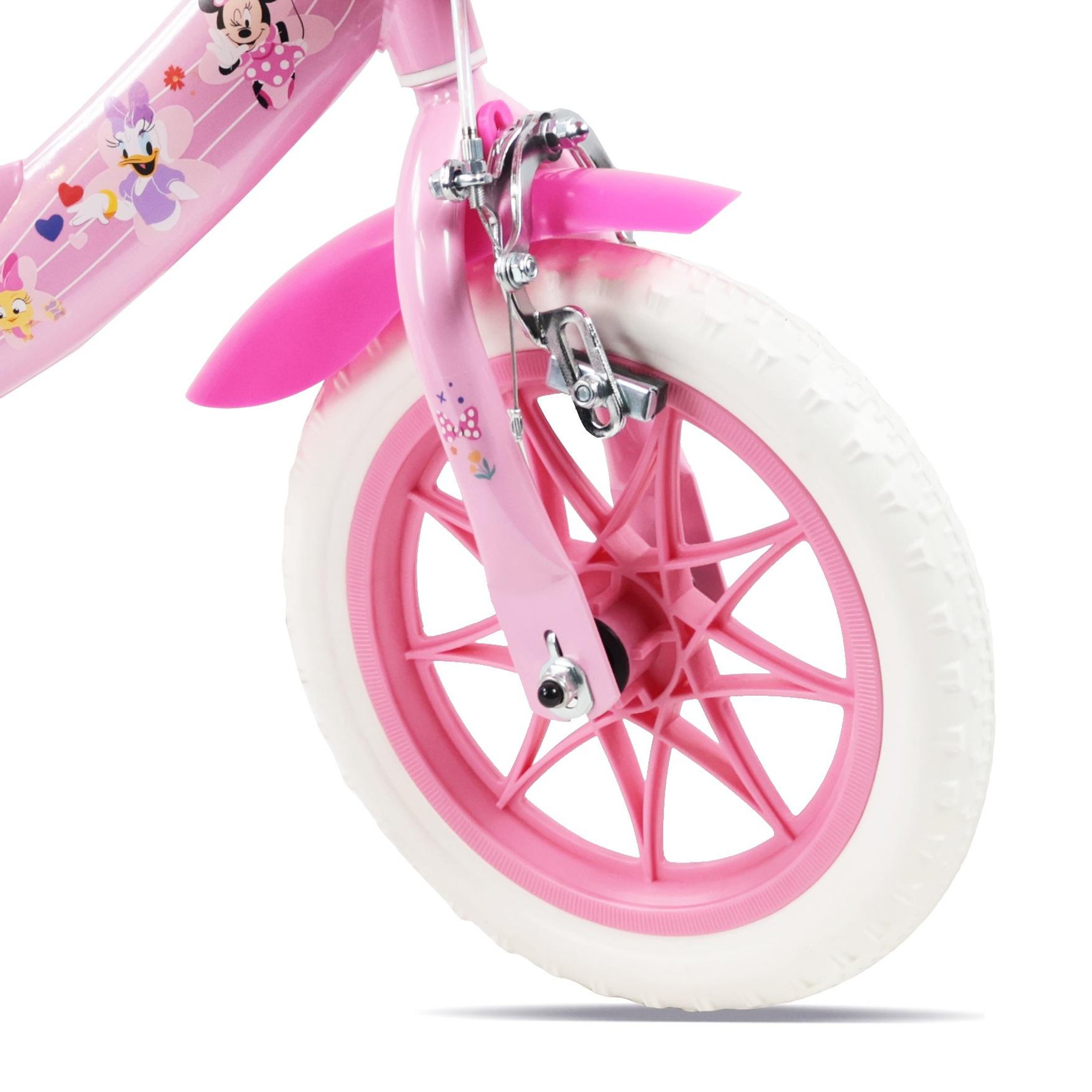 Voir la diapositive 5 : MINNIE Vélo enfant 12'' Minnie / Disney ( taille < 90/95 cm ) équipé de 1 frein avant, panier avant, porte poupée1 stabilisateurs.