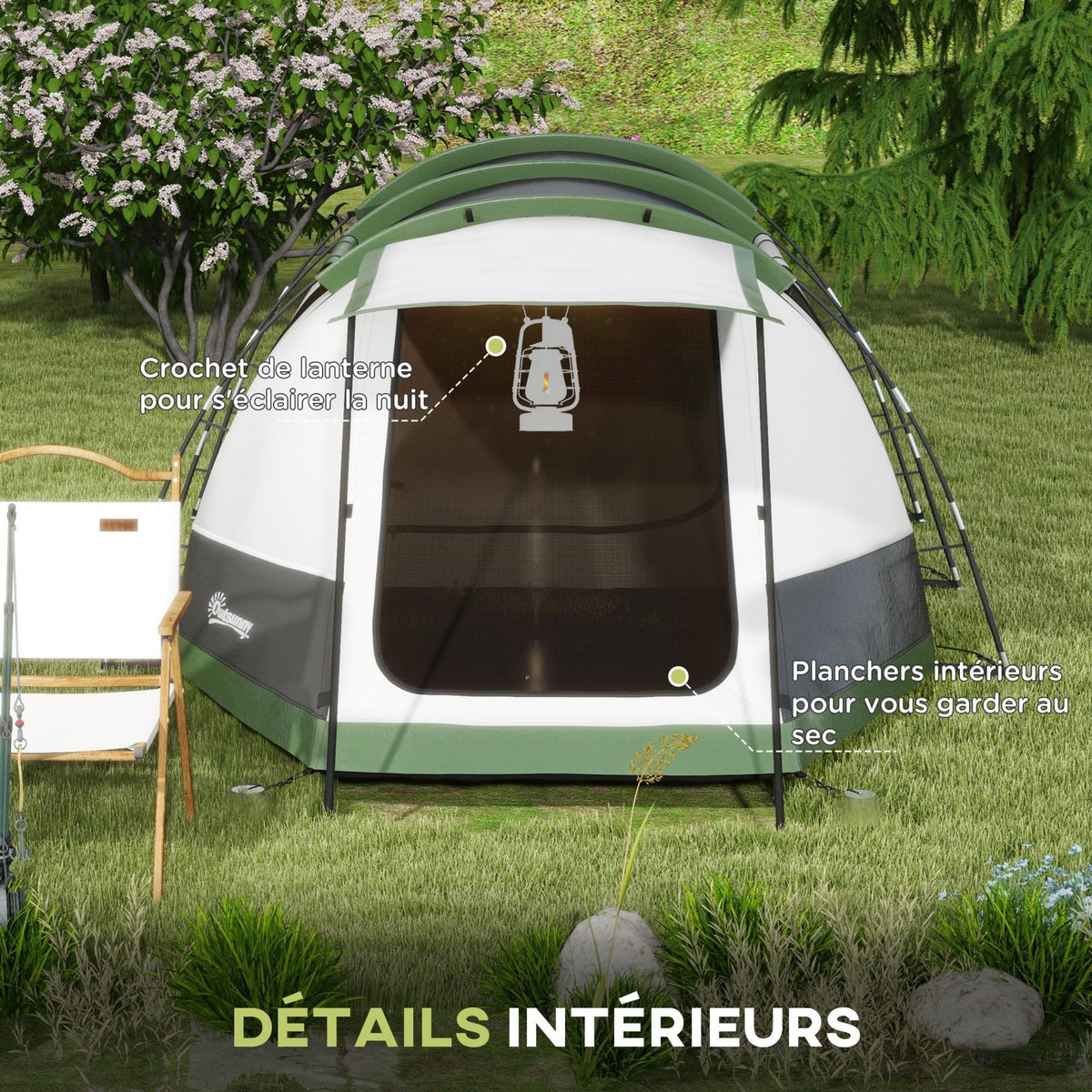 OUTSUNNY Tente de camping familiale 3-4 pers. - tente tunnel porche étanche 2000 mm - sac de transport inclus - gris