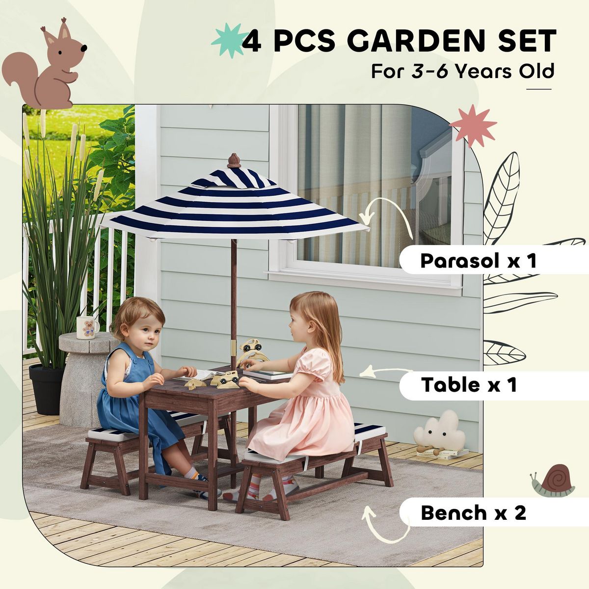 HOMCOM Table pique-nique enfant - ensemble salon de jardin enfant - 2 bancs, coussins et parasol - bois brun