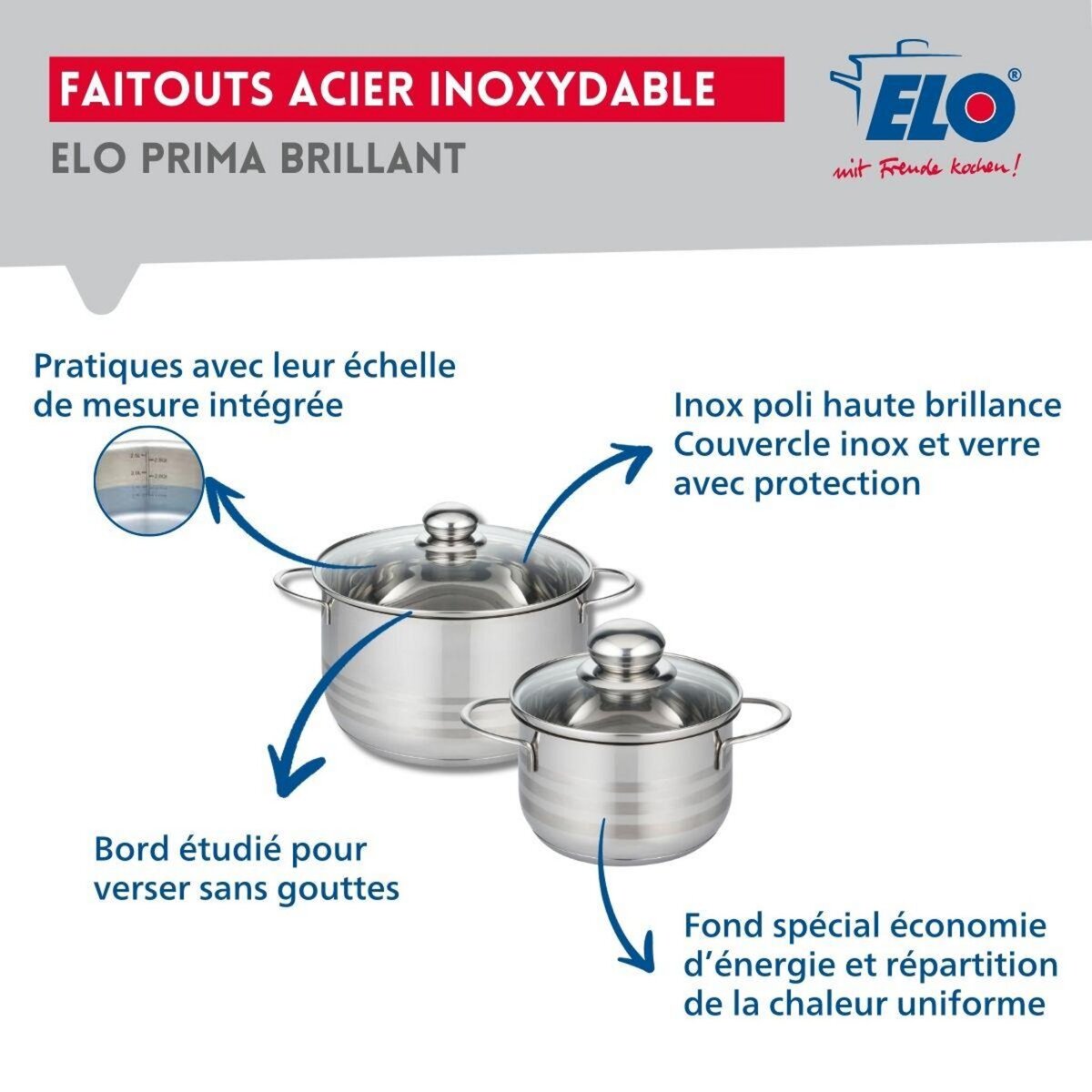 ELO Ensemble de 2 Poêles de cuisson 20 et 24 cm et 2 faitouts 14 et 20 cm Elo Prima Brillant