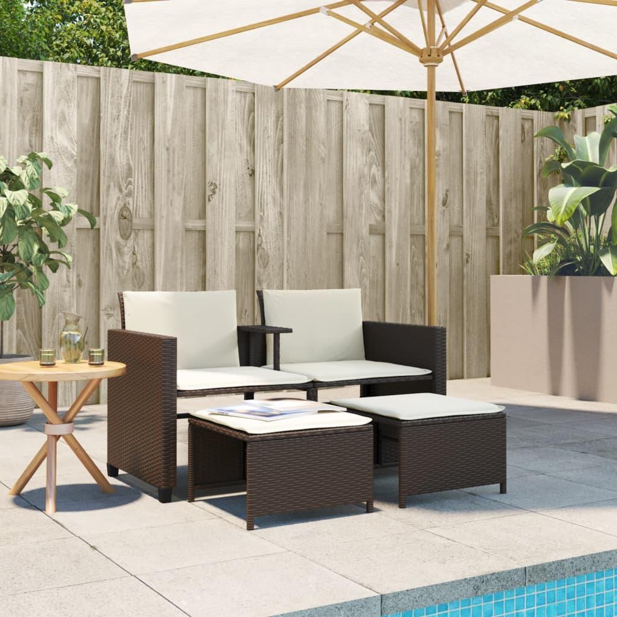 Voir la diapositive 3 : VIDAXL Canape de jardin 2 places avec table et tabourets marron rotin