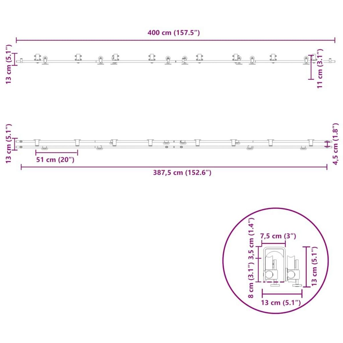 VIDAXL Kit fixation porte coulissante 400 cm Acier inoxydable Argente