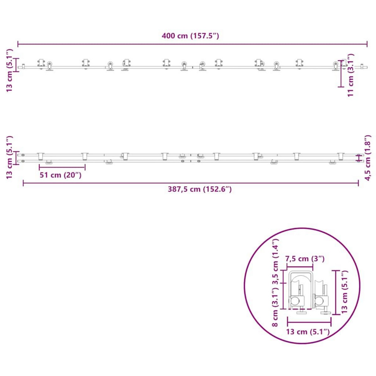 VIDAXL Kit fixation porte coulissante 400 cm Acier inoxydable Argente