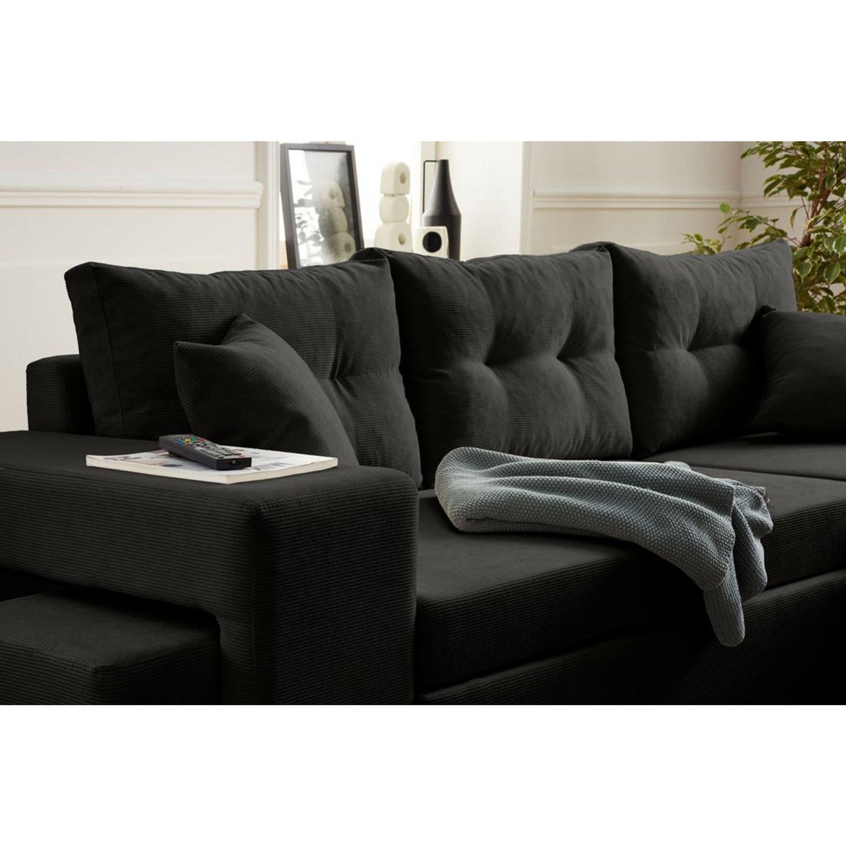 BEST MOBILIER California - canapé d'angle réversible convertible - avec coffre, tablette et poufs - en velours côtelé - 4 places