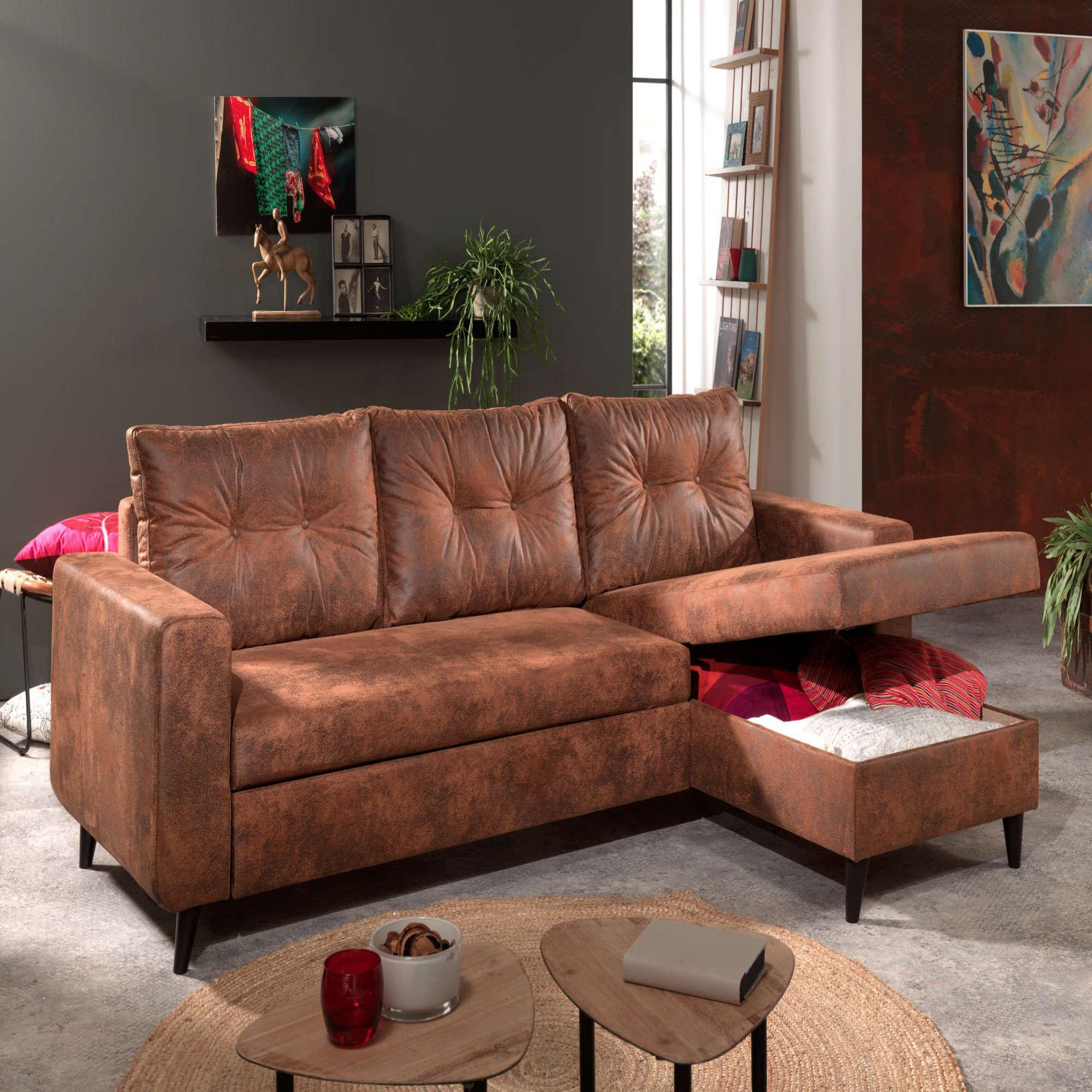 Voir la diapositive 3 : BEST MOBILIER Nordic - canapé d'angle réversible - 4 places - convertible - industriel vintage