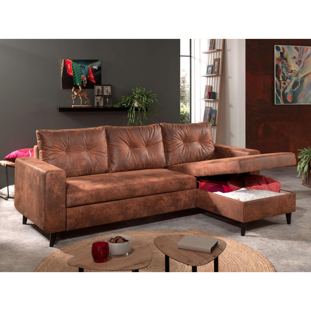 BEST MOBILIER Nordic - canapé d'angle réversible - 4 places - convertible - industriel vintage