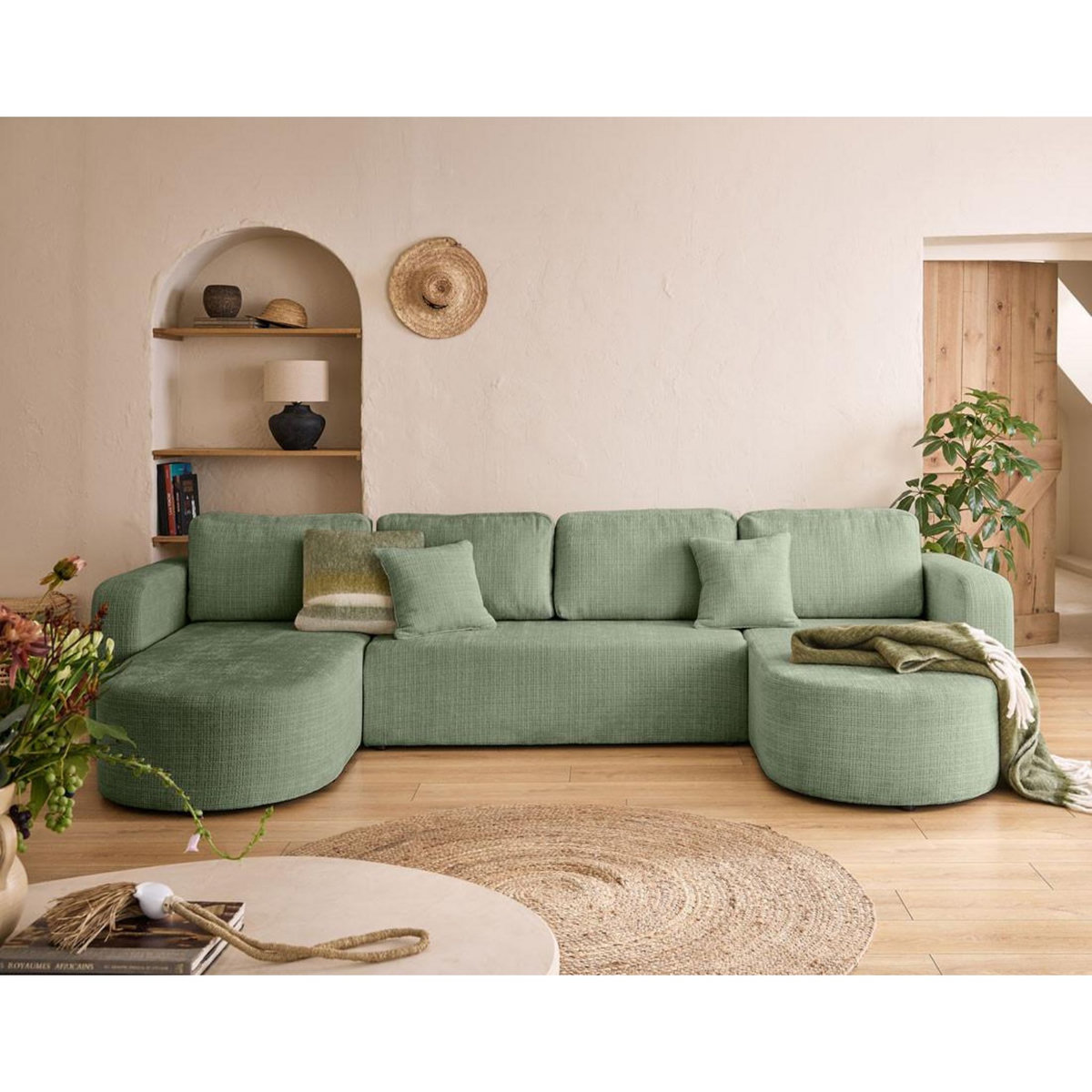 BEST MOBILIER Miro - canapé panoramique en u 7 places - convertible avec coffre - en velours texturé