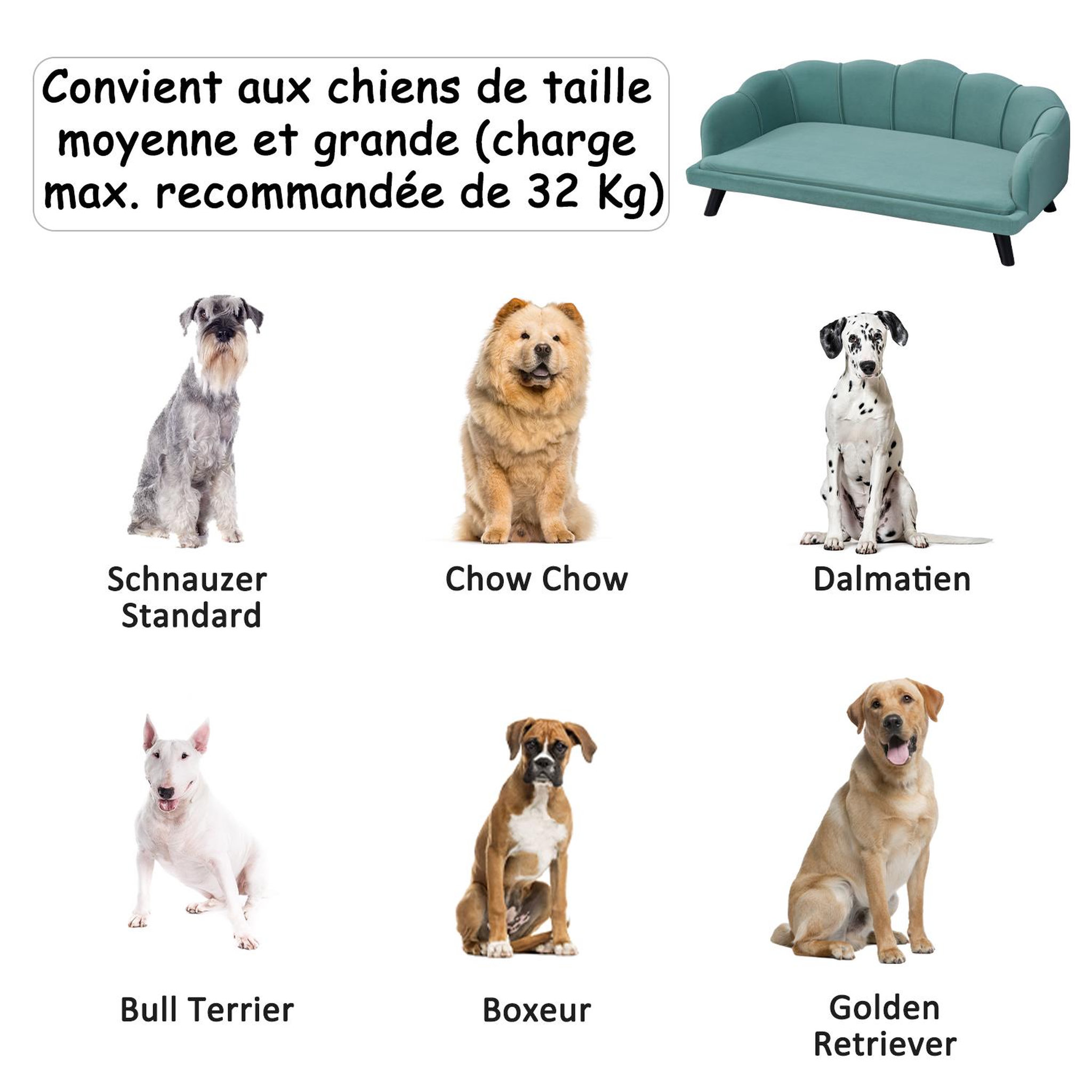 Voir la diapositive 6 : PAWHUT Canapé chien lit pour chien chat design contemporain coquillage dim. 98l x 60l x 35h cm coussin moelleux velours vert