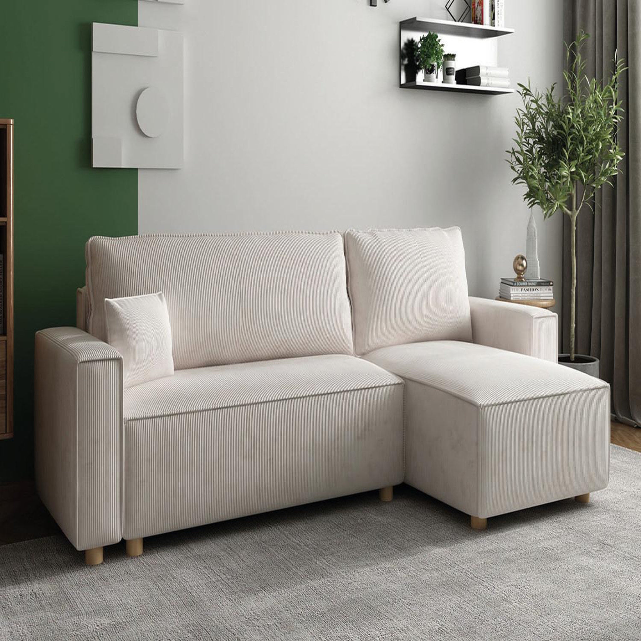 Voir la diapositive 4 : CONCEPT USINE Canapé convertible d'angle réversible 4 places velours côtelé beige cosy