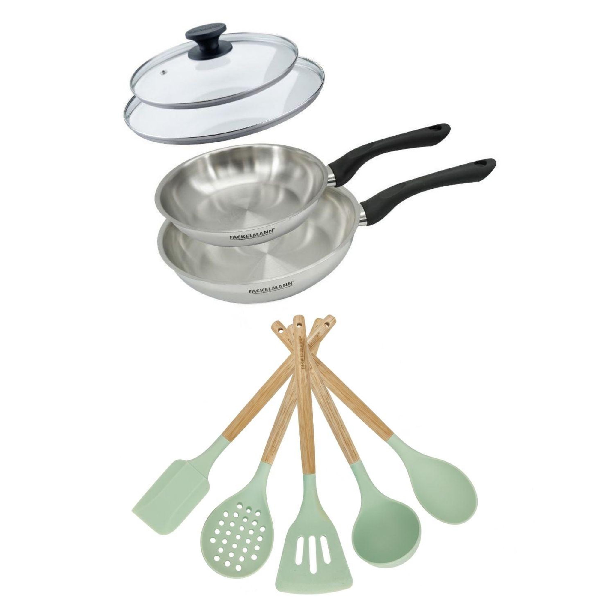 Fackelmann Lot poêles inox 20/24 cm fackelmann geneva avec couvercles et 5 ustensiles