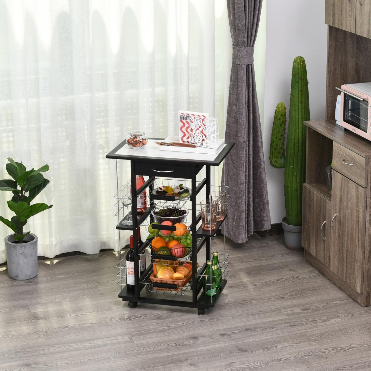 HOMCOM Chariot de service desserte de cuisine à roulettes multi-rangements 4 paniers métal tiroir + 4 range-bouteilles bois pin plateau carrelé