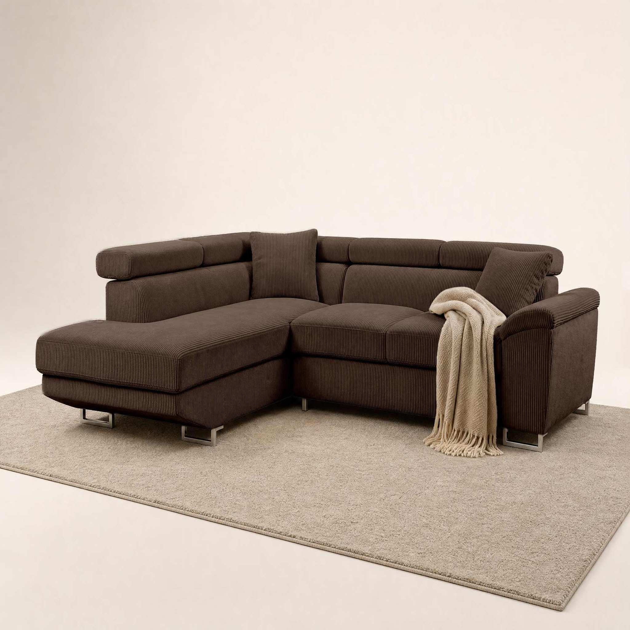 Voir la diapositive 3 : BEST MOBILIER Baoji - canapé d'angle gauche 5 places convertible avec têtières et coffre en velours côtelé
