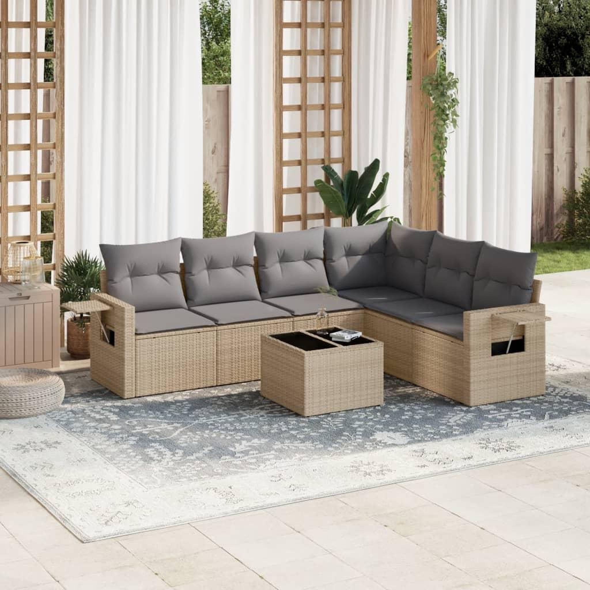 VIDAXL Salon de jardin avec coussins 7 pcs beige resine tressee