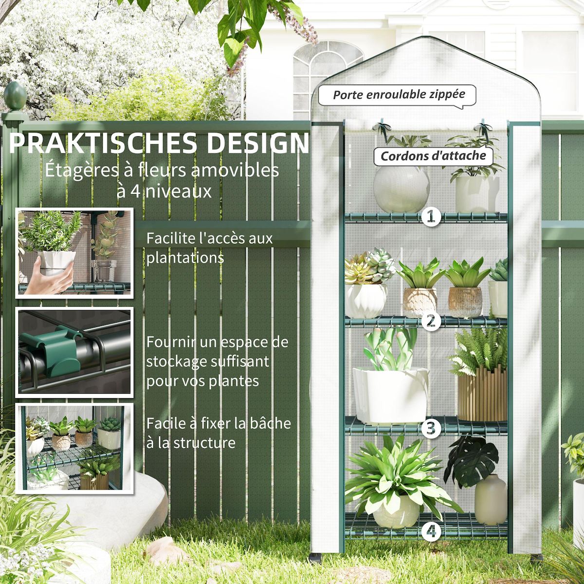 OUTSUNNY Serre de jardin balcon 4 étagères dim. 69 x 50 x 165 cm acier époxy bâche PE zippée haute densité blanc