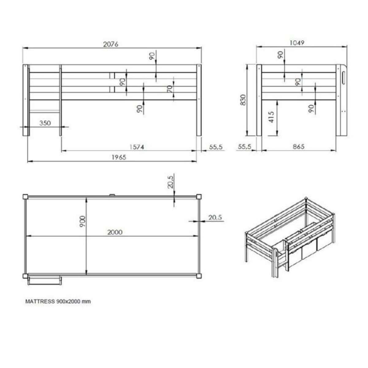 Paris Prix Lit Enfant Surélevé & Échelle  Pino  90x200cm Gris