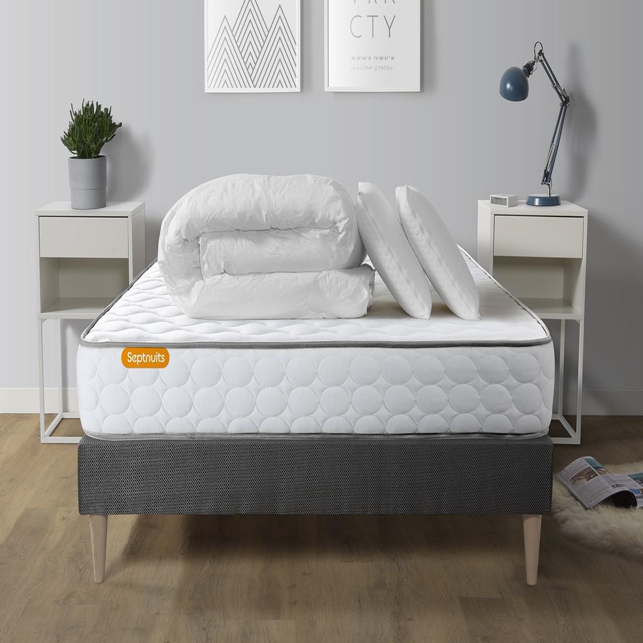 SEPTNUITS Pack matelas Memo + sommier kit gris + 2 oreillers mémoire de forme. Coloris disponibles : Gris