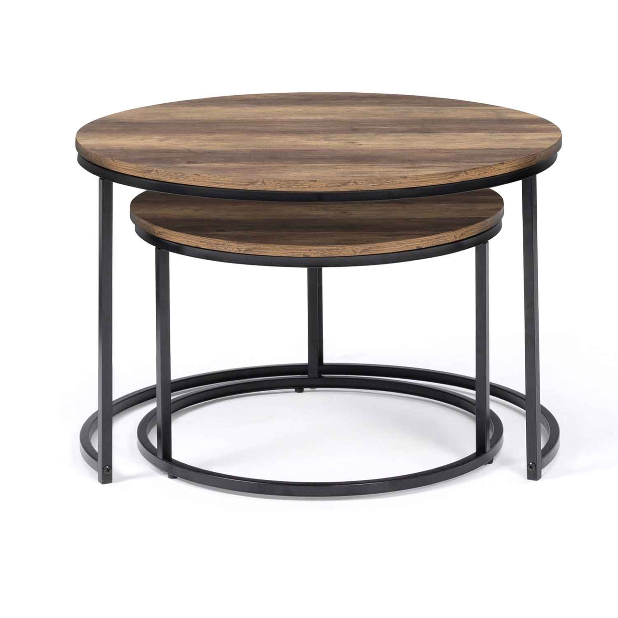 Voir la diapositive 3 : ID MARKET Lot de 2 tables basses gigognes hawkins rondes 54/70 bois foncé design industriel